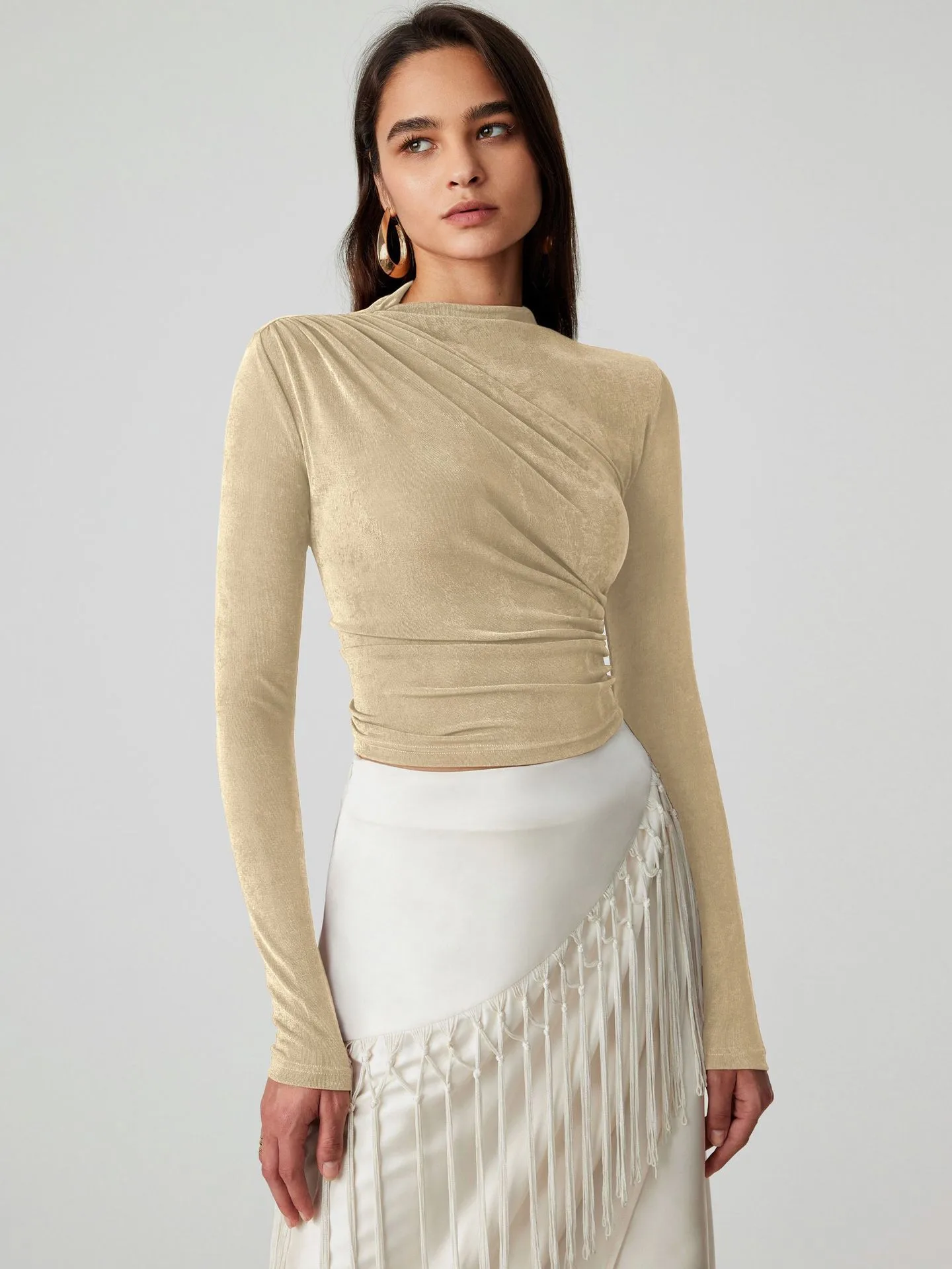 Foreign Trade Wholesale Semi-high Collar Long Sleeve Slim Suede Pleated Solid Color Interior Temperament Commuter Joker T-shirt Women display picture 10