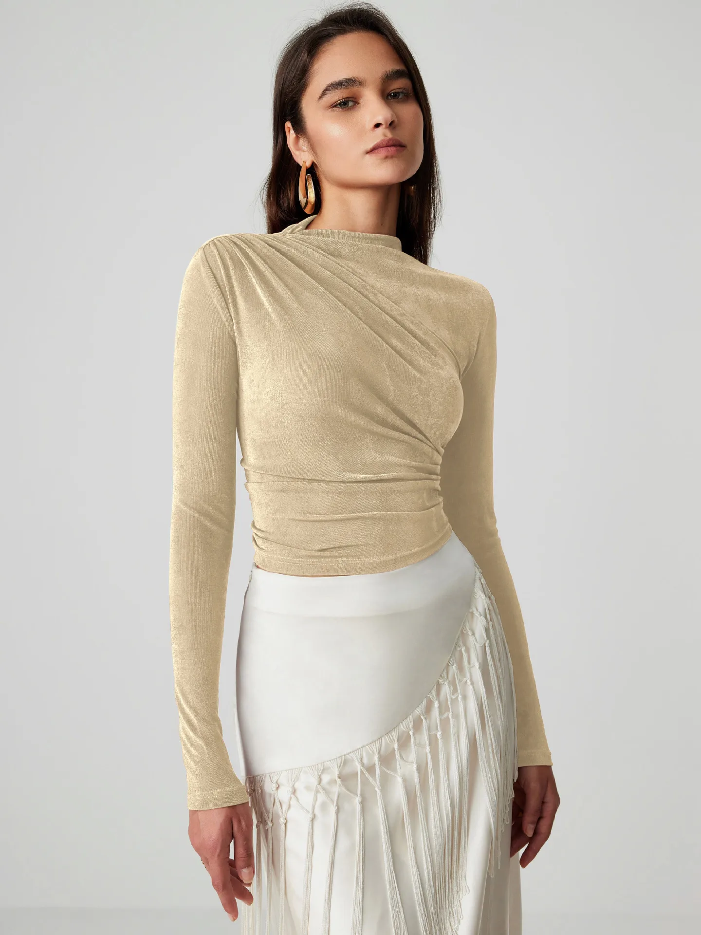 Foreign Trade Wholesale Semi-high Collar Long Sleeve Slim Suede Pleated Solid Color Interior Temperament Commuter Joker T-shirt Women display picture 11