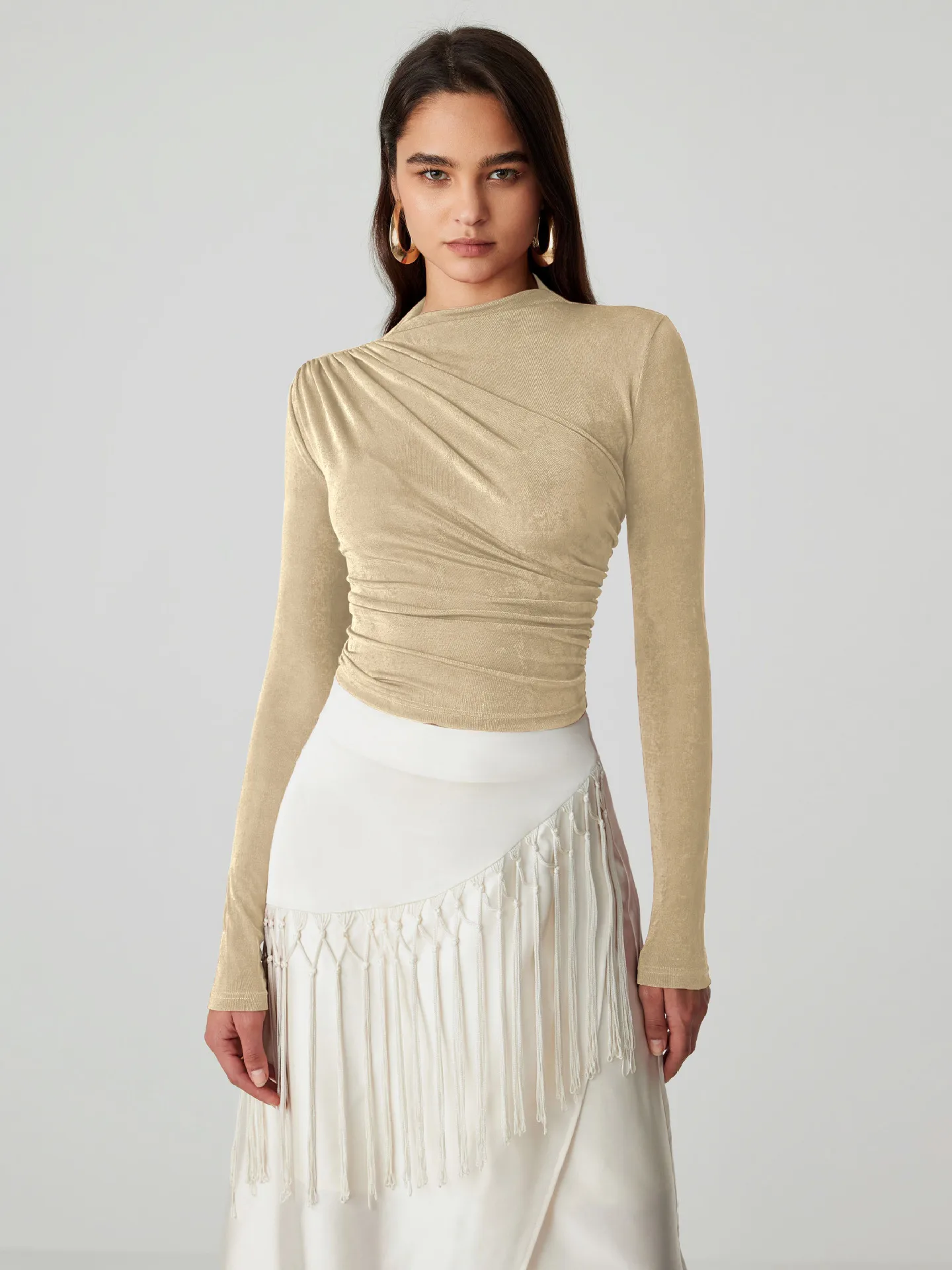 Foreign Trade Wholesale Semi-high Collar Long Sleeve Slim Suede Pleated Solid Color Interior Temperament Commuter Joker T-shirt Women display picture 12