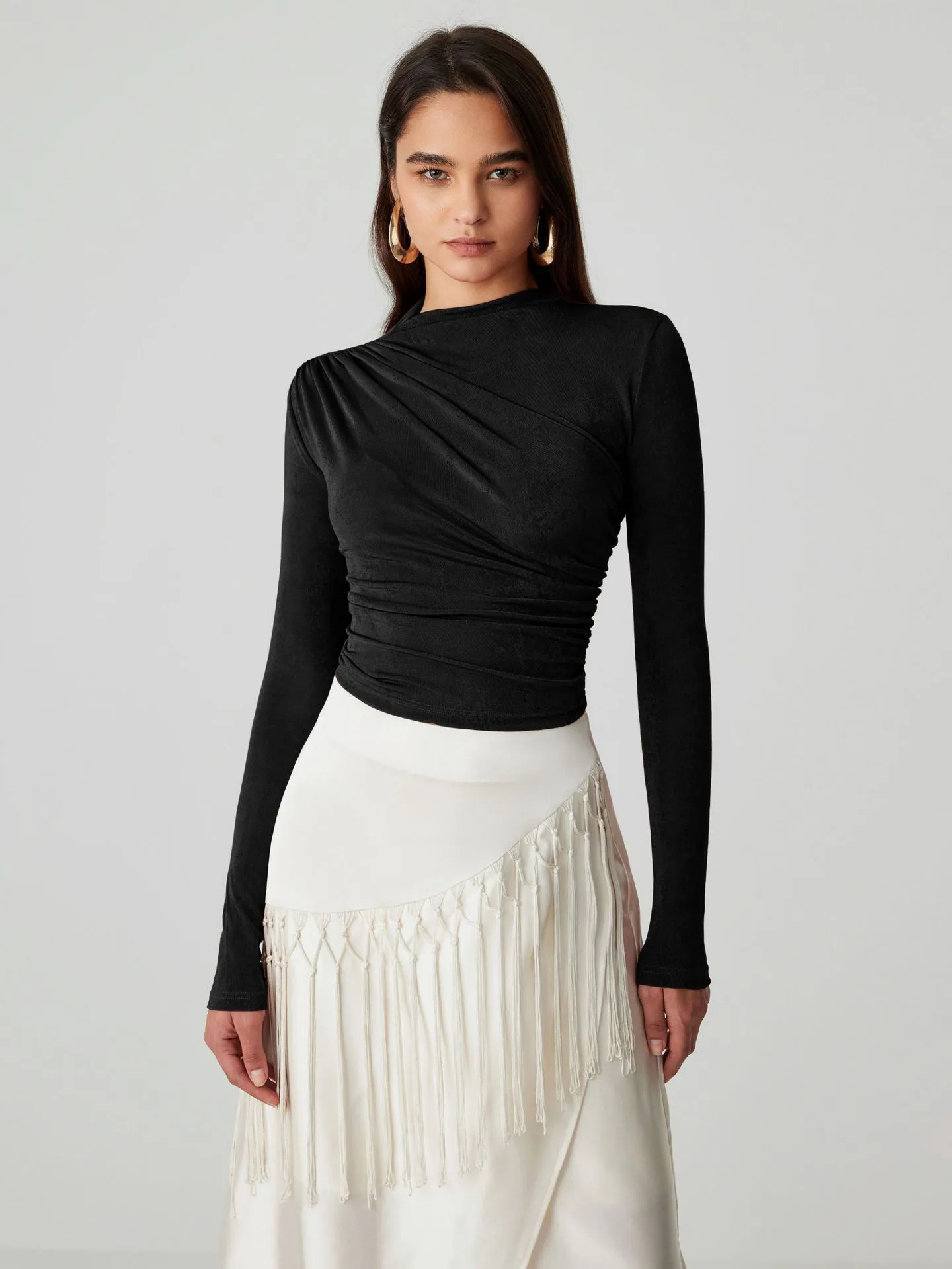 Foreign Trade Wholesale Semi-high Collar Long Sleeve Slim Suede Pleated Solid Color Interior Temperament Commuter Joker T-shirt Women display picture 23