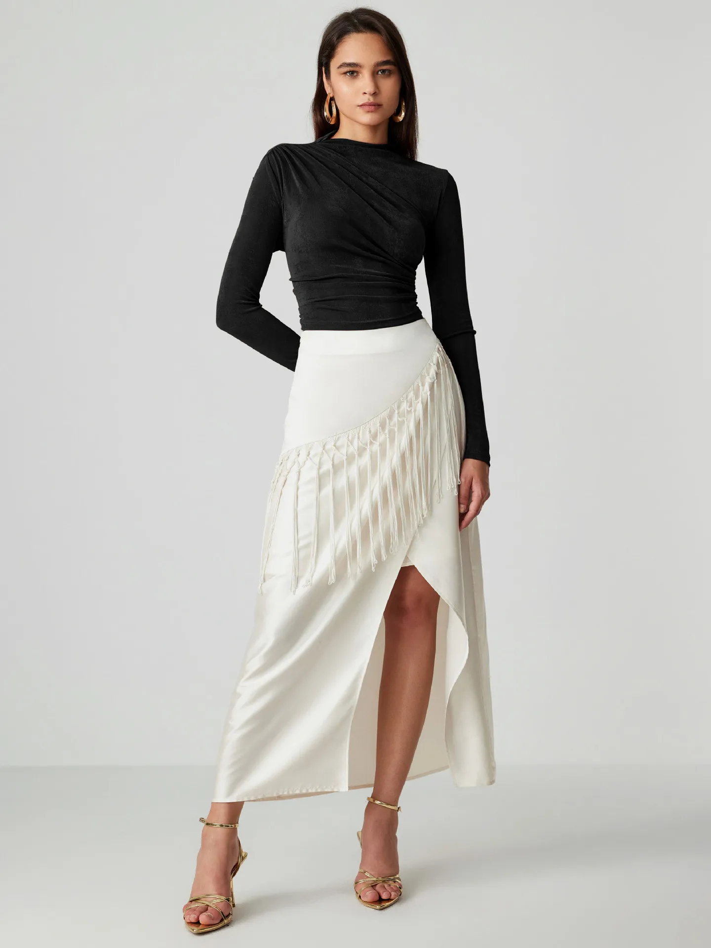 Foreign Trade Wholesale Semi-high Collar Long Sleeve Slim Suede Pleated Solid Color Interior Temperament Commuter Joker T-shirt Women display picture 24