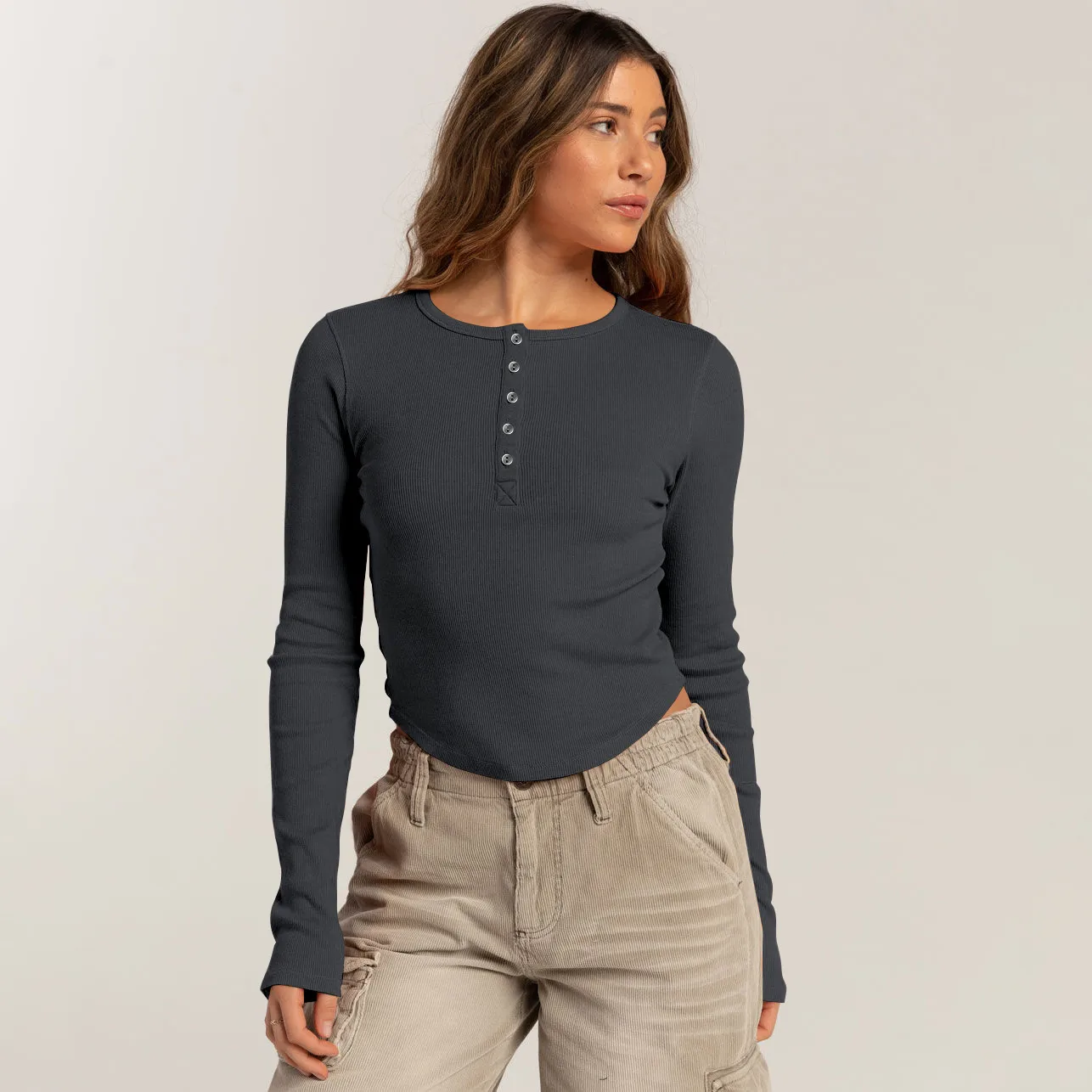 Foreign Trade Explosions Long-sleeved Slim-fit Slim Threaded Top Button Solid Color Simple Basic High Quality Women's Clothing display picture 22