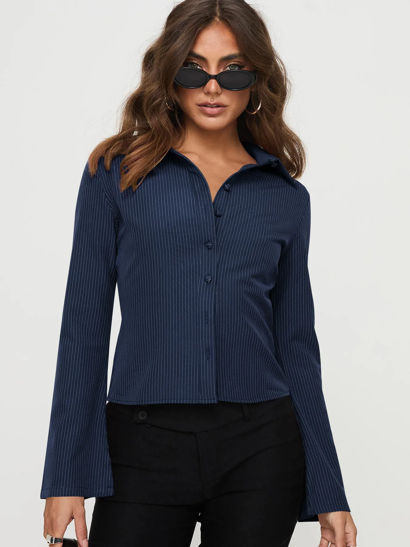 Wish Hot Selling Early Autumn Button Striped POLO Collar Long Sleeve High-end Women's Shirt Sexy Hot Girl All-match Top display picture 2