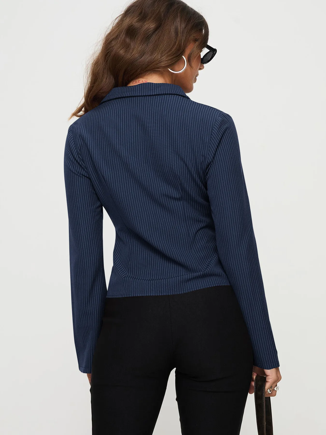 Wish Hot Selling Early Autumn Button Striped POLO Collar Long Sleeve High-end Women's Shirt Sexy Hot Girl All-match Top display picture 3