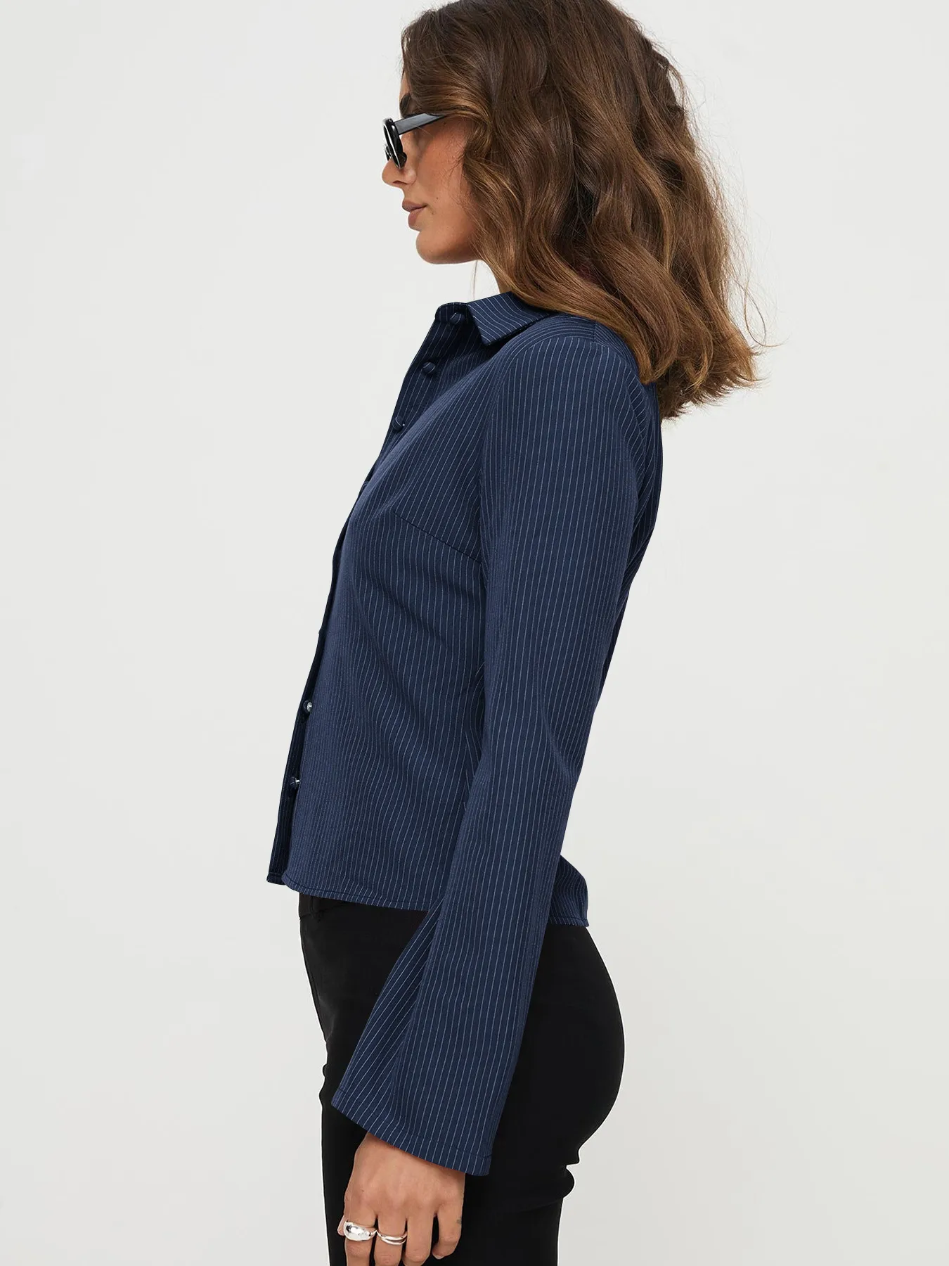 Wish Hot Selling Early Autumn Button Striped POLO Collar Long Sleeve High-end Women's Shirt Sexy Hot Girl All-match Top display picture 4