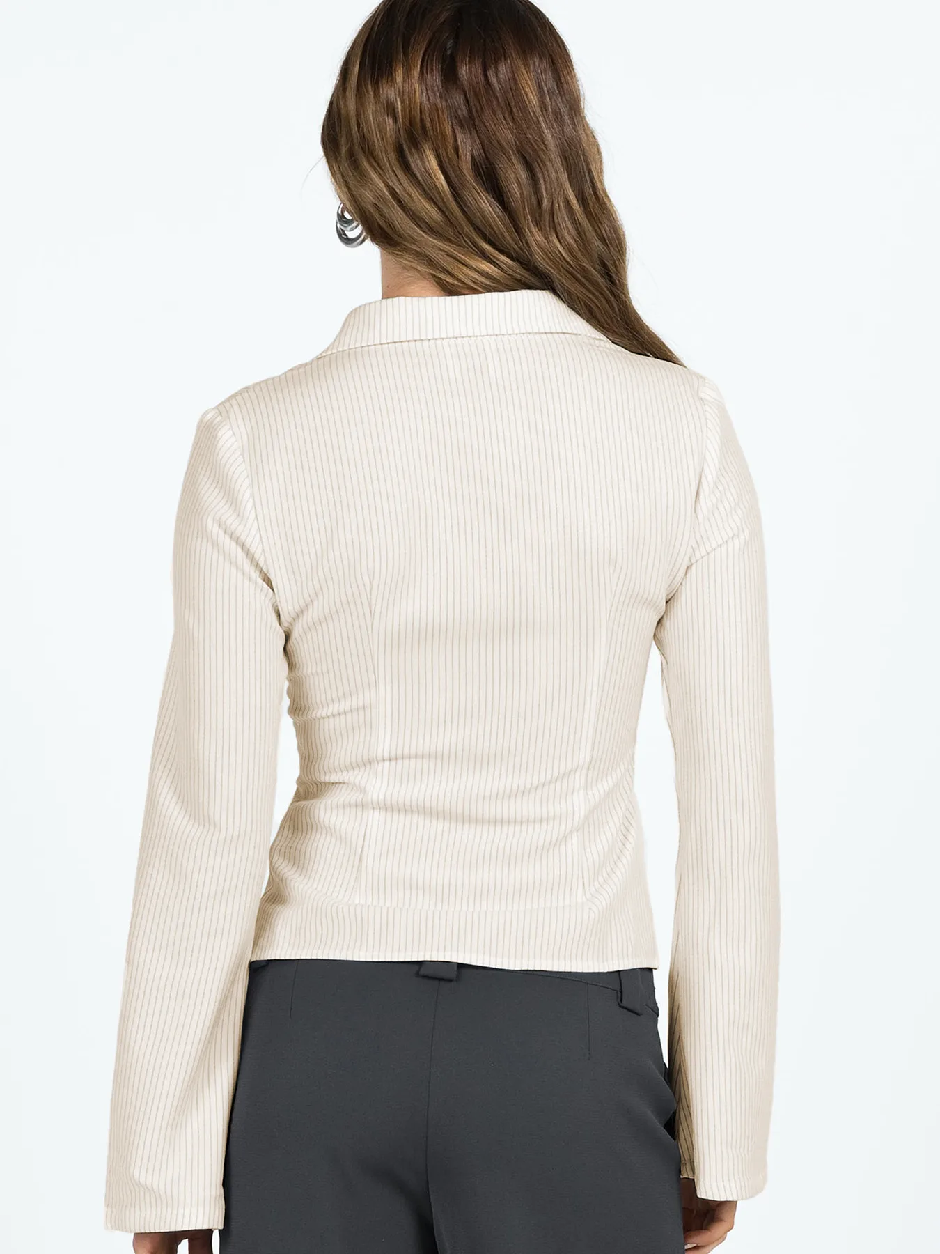 Wish Hot Selling Early Autumn Button Striped POLO Collar Long Sleeve High-end Women's Shirt Sexy Hot Girl All-match Top display picture 9