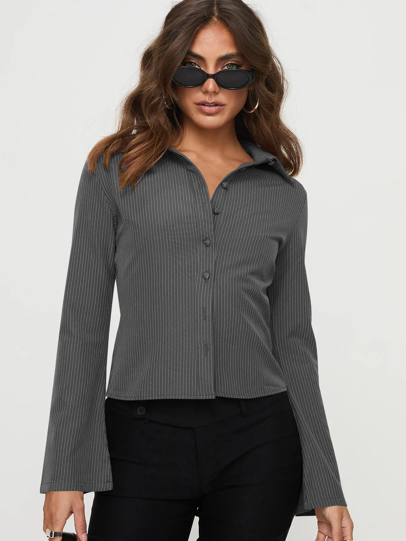 Wish Hot Selling Early Autumn Button Striped POLO Collar Long Sleeve High-end Women's Shirt Sexy Hot Girl All-match Top display picture 12