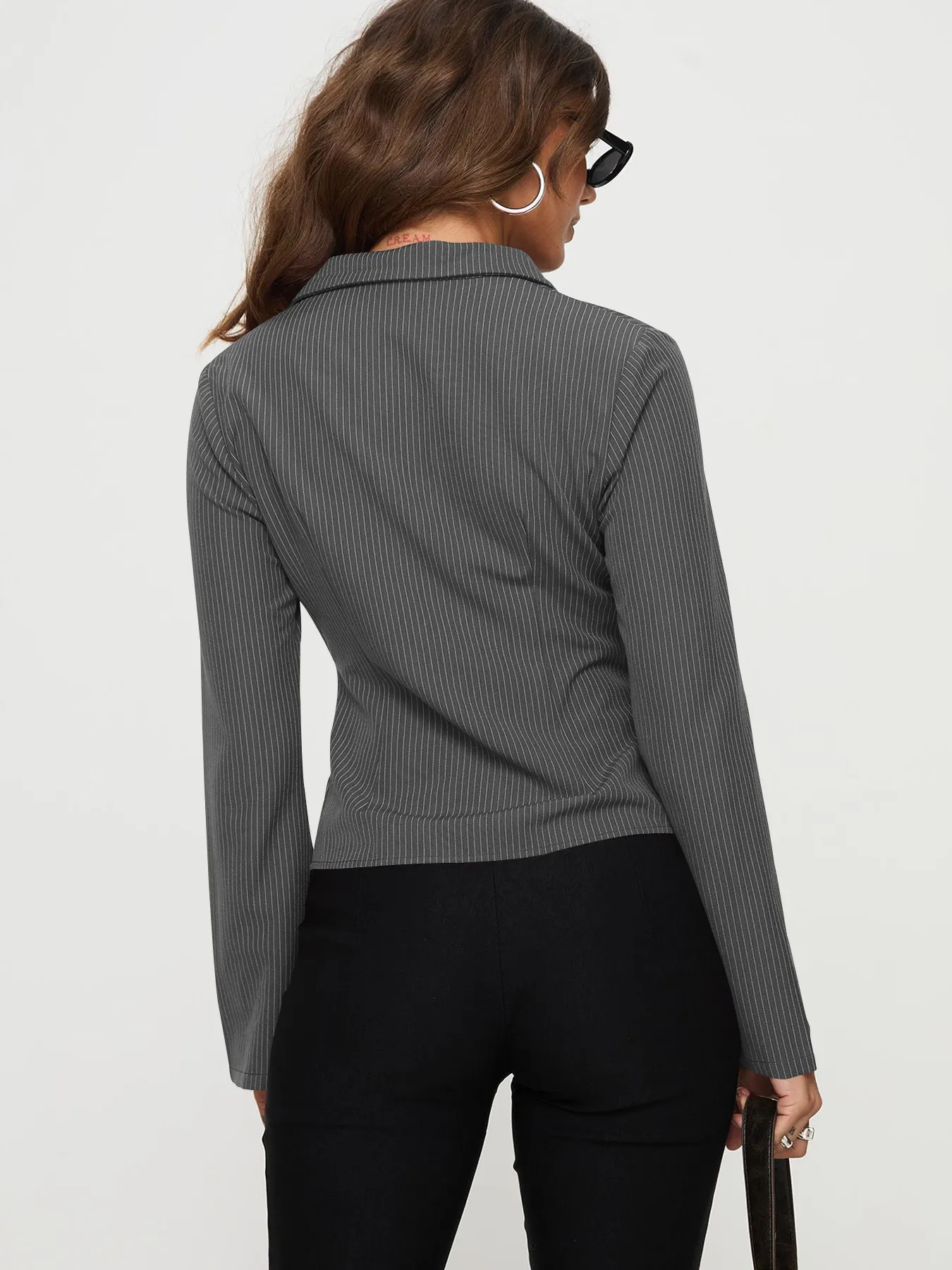 Wish Hot Selling Early Autumn Button Striped POLO Collar Long Sleeve High-end Women's Shirt Sexy Hot Girl All-match Top display picture 13