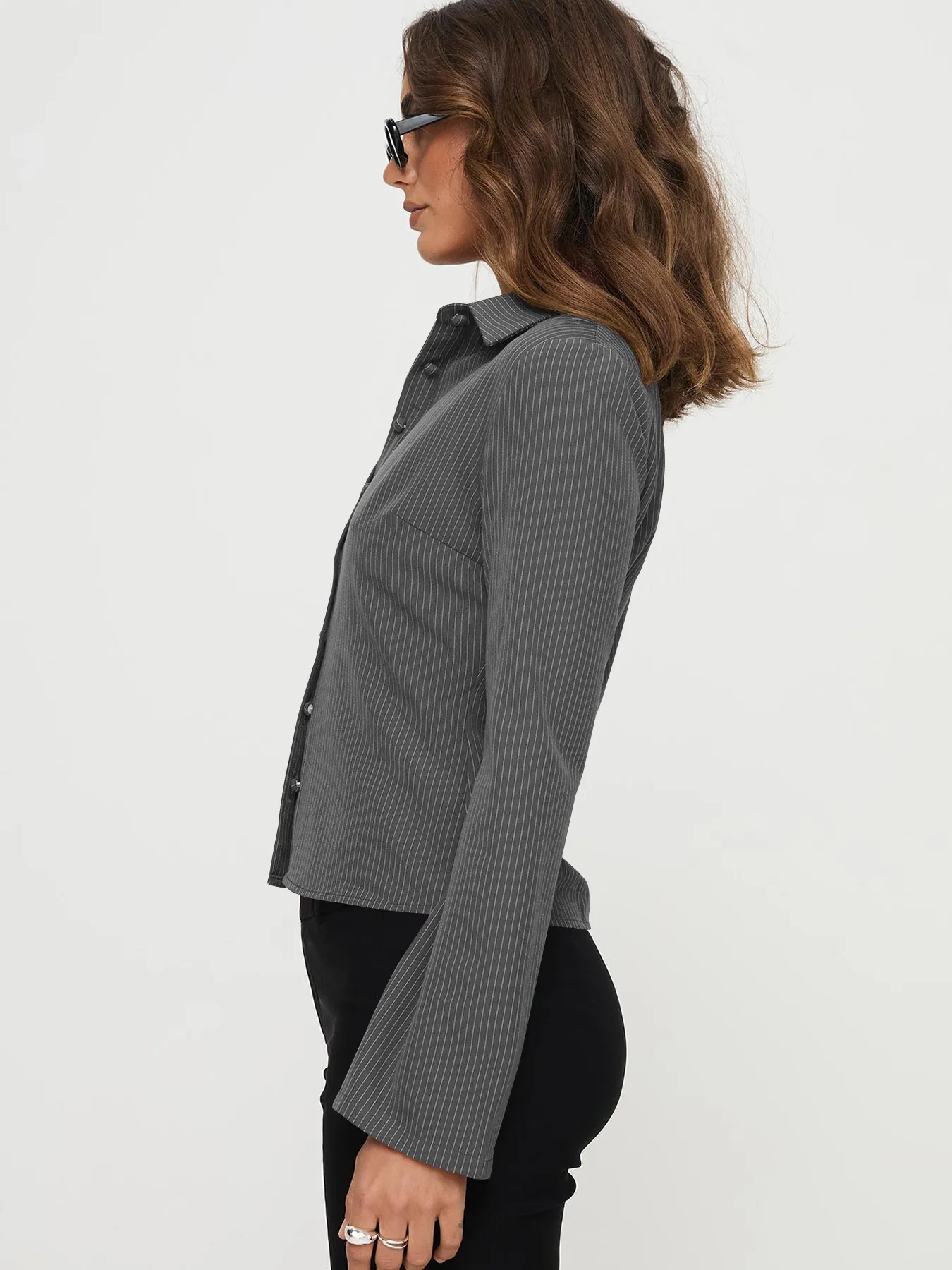 Wish Hot Selling Early Autumn Button Striped POLO Collar Long Sleeve High-end Women's Shirt Sexy Hot Girl All-match Top display picture 14