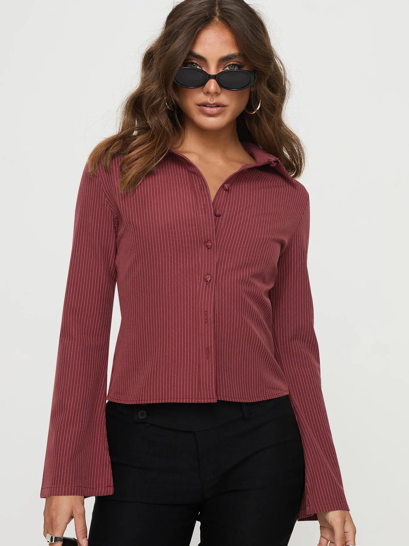 Wish Hot Selling Early Autumn Button Striped POLO Collar Long Sleeve High-end Women's Shirt Sexy Hot Girl All-match Top display picture 17