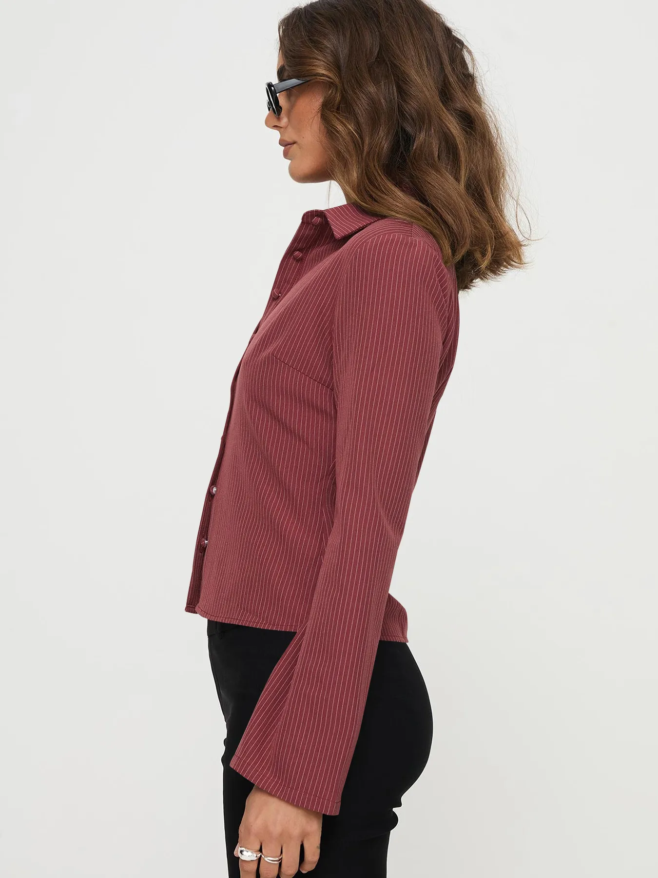 Wish Hot Selling Early Autumn Button Striped POLO Collar Long Sleeve High-end Women's Shirt Sexy Hot Girl All-match Top display picture 19