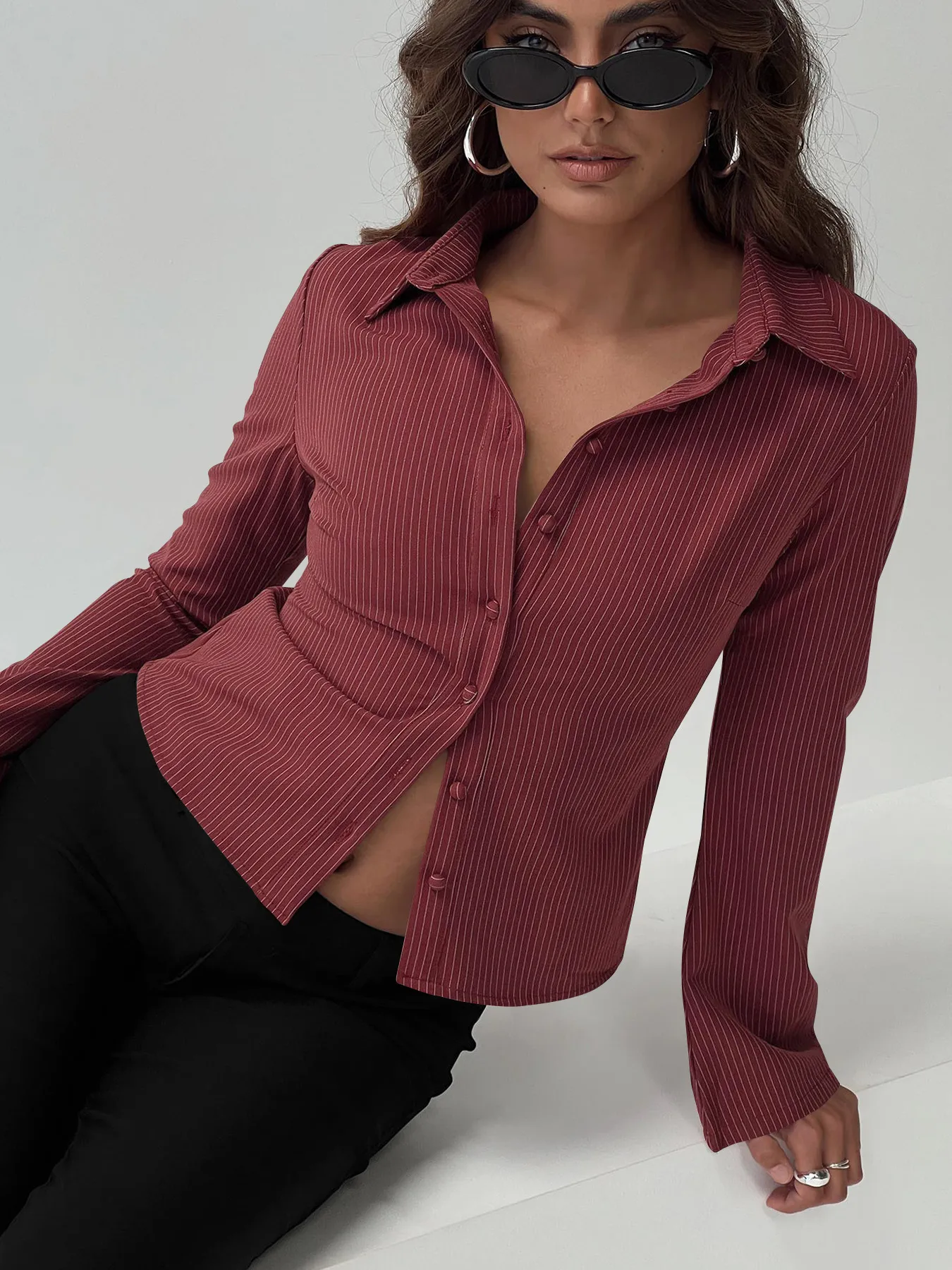 Wish Hot Selling Early Autumn Button Striped POLO Collar Long Sleeve High-end Women's Shirt Sexy Hot Girl All-match Top display picture 20