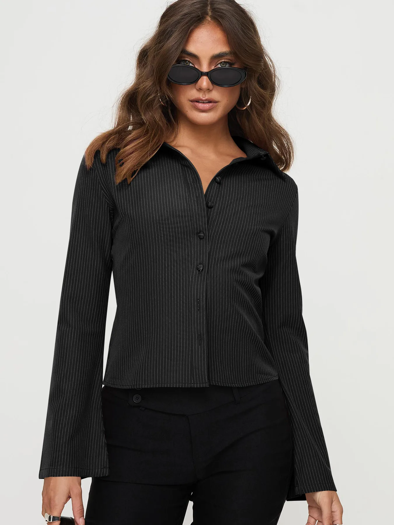 Wish Hot Selling Early Autumn Button Striped POLO Collar Long Sleeve High-end Women's Shirt Sexy Hot Girl All-match Top display picture 27