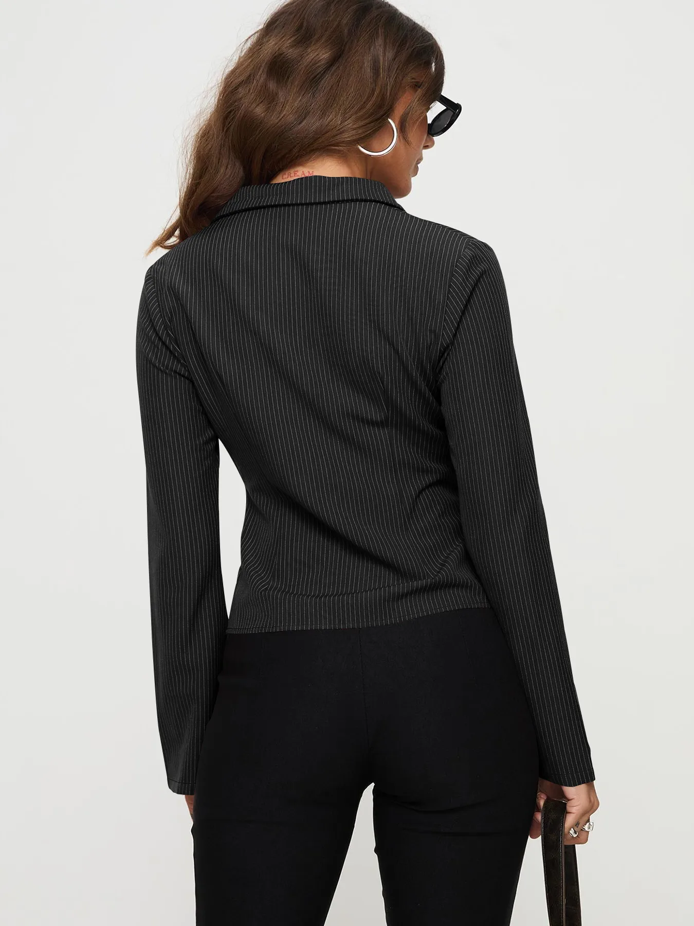 Wish Hot Selling Early Autumn Button Striped POLO Collar Long Sleeve High-end Women's Shirt Sexy Hot Girl All-match Top display picture 28
