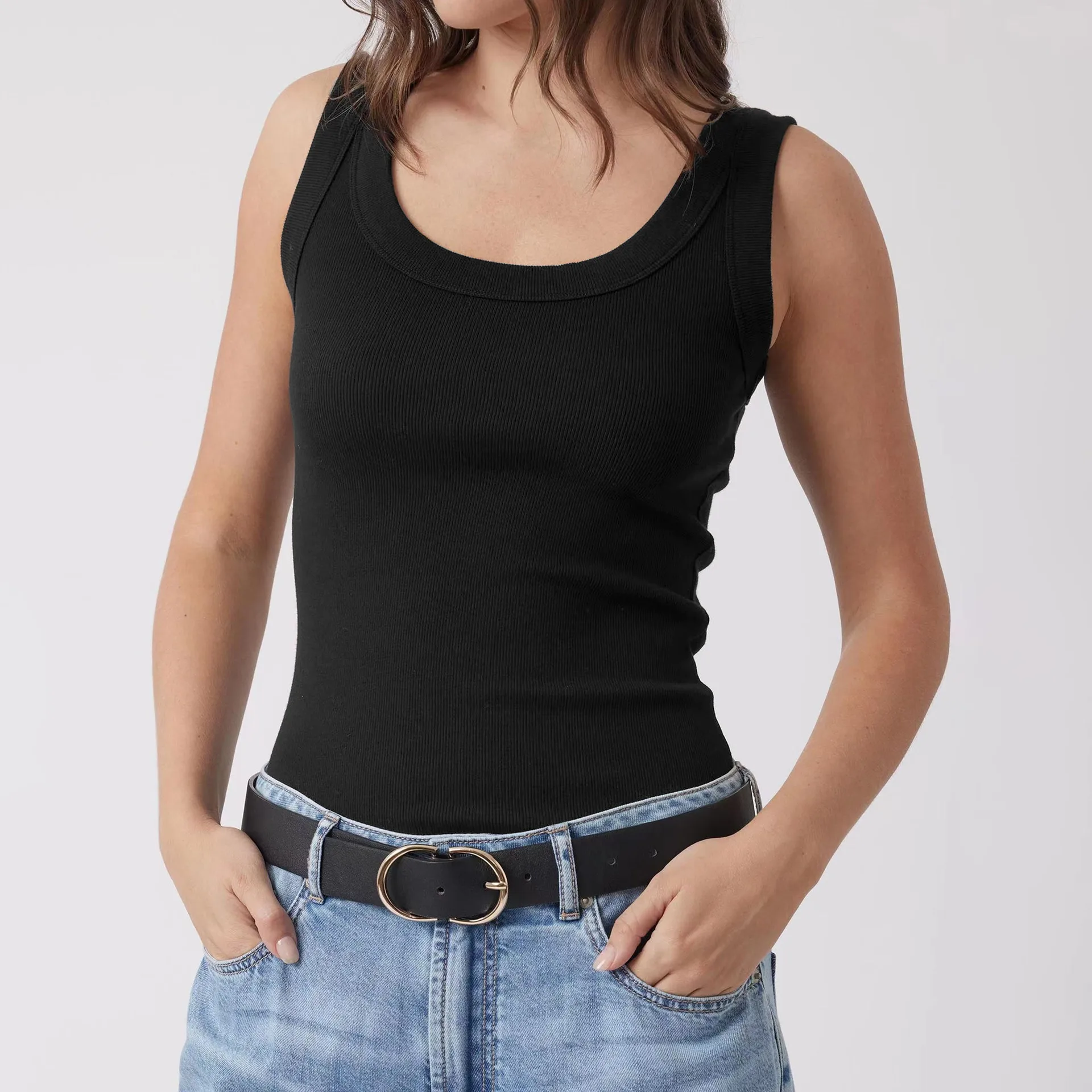 New Foreign Trade Summer Women's Threaded Minute Style High Quality Solid Color Shoulder Strap All-match Hot Girl Vest display picture 13