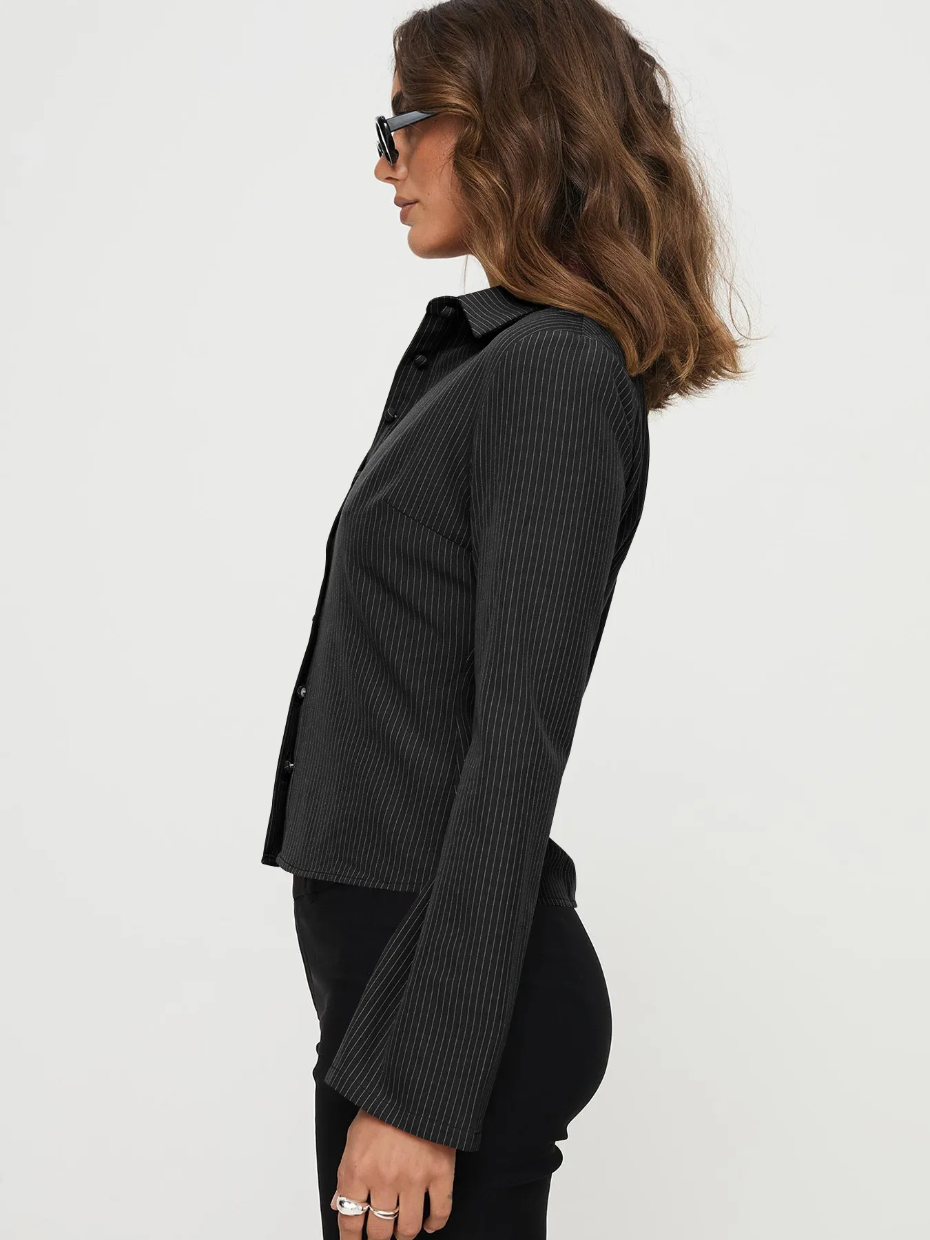 Wish Hot Selling Early Autumn Button Striped POLO Collar Long Sleeve High-end Women's Shirt Sexy Hot Girl All-match Top display picture 29