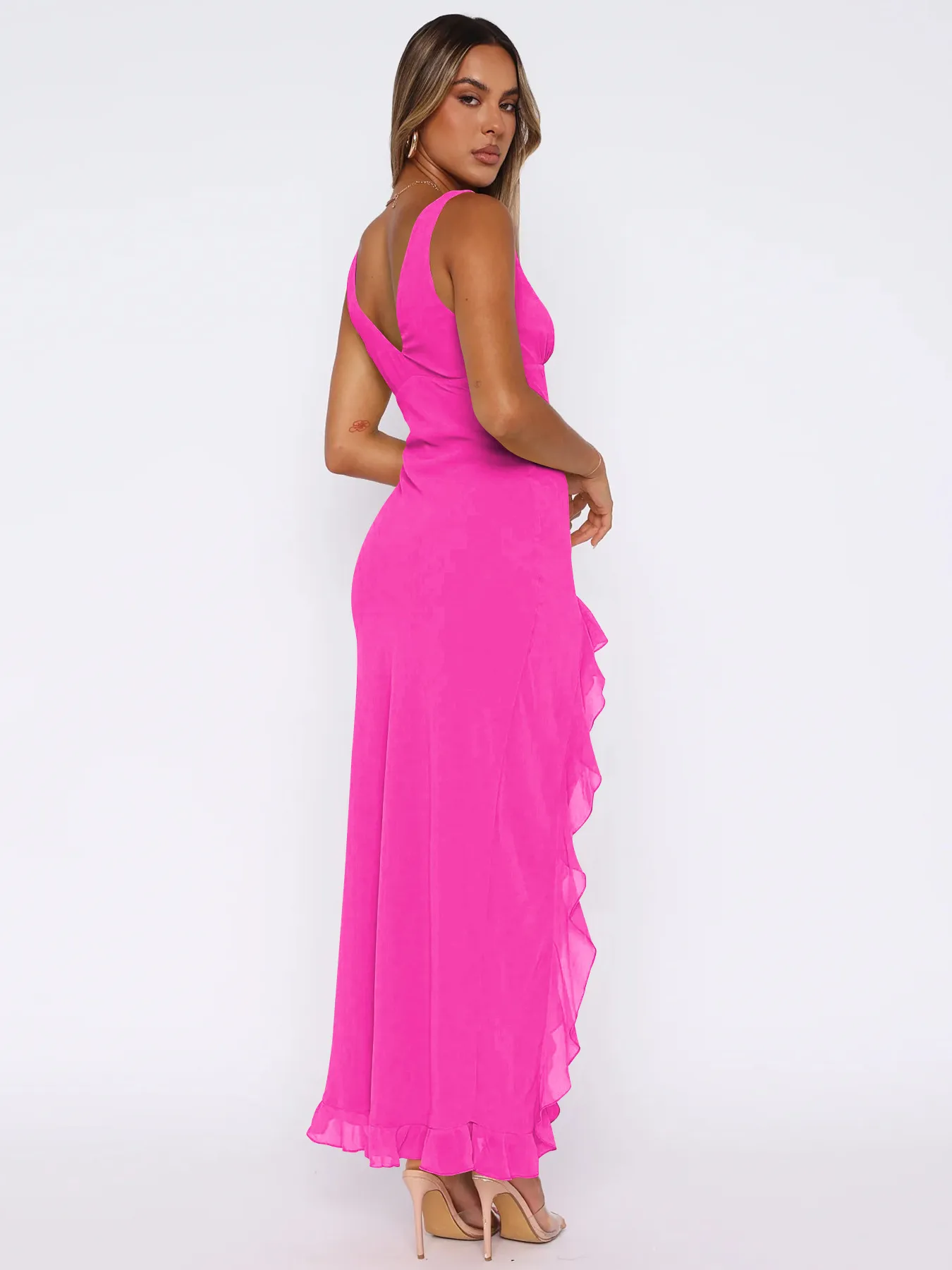 Y2K Explosions Ruffled Socialite Pure Desire Tulip Dress Women's Summer  Split Shoulder Strap French Long Dress display picture 28