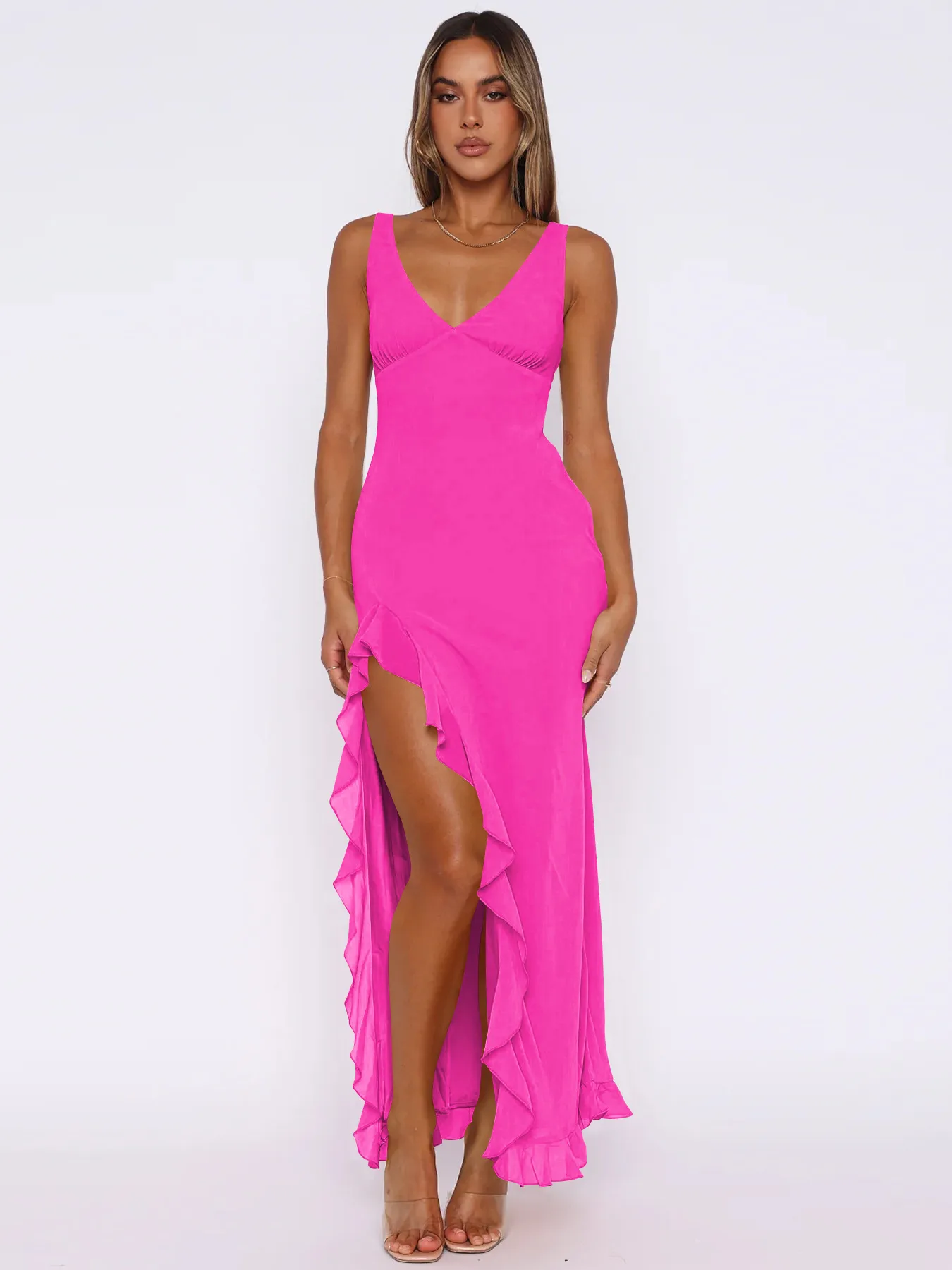 Y2K Explosions Ruffled Socialite Pure Desire Tulip Dress Women's Summer  Split Shoulder Strap French Long Dress display picture 26