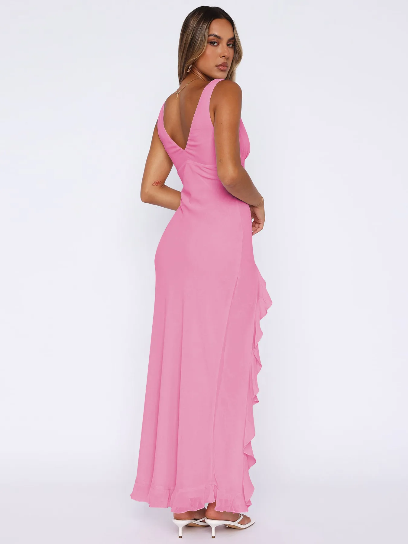 Y2K Explosions Ruffled Socialite Pure Desire Tulip Dress Women's Summer  Split Shoulder Strap French Long Dress display picture 15