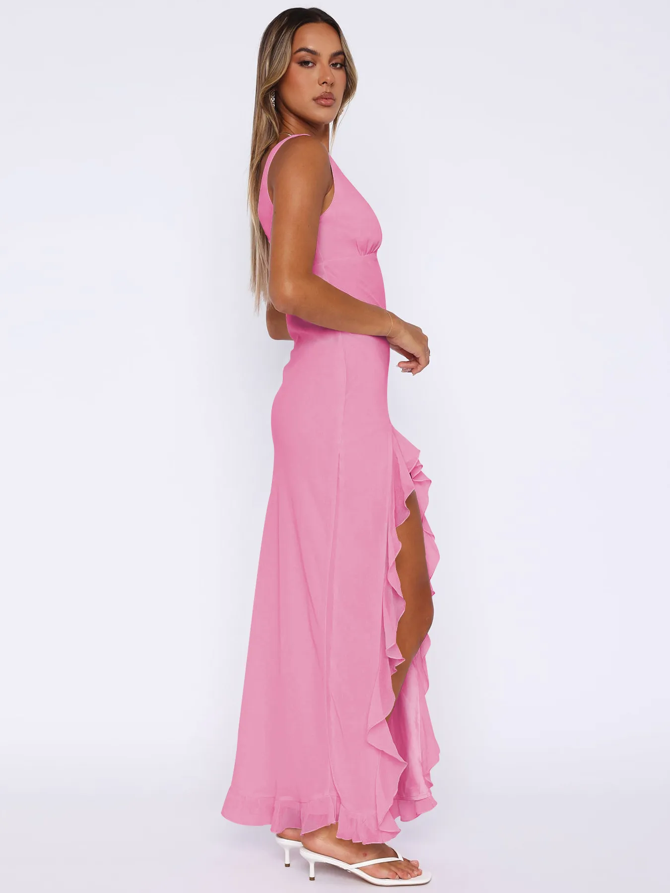 Y2K Explosions Ruffled Socialite Pure Desire Tulip Dress Women's Summer  Split Shoulder Strap French Long Dress display picture 14