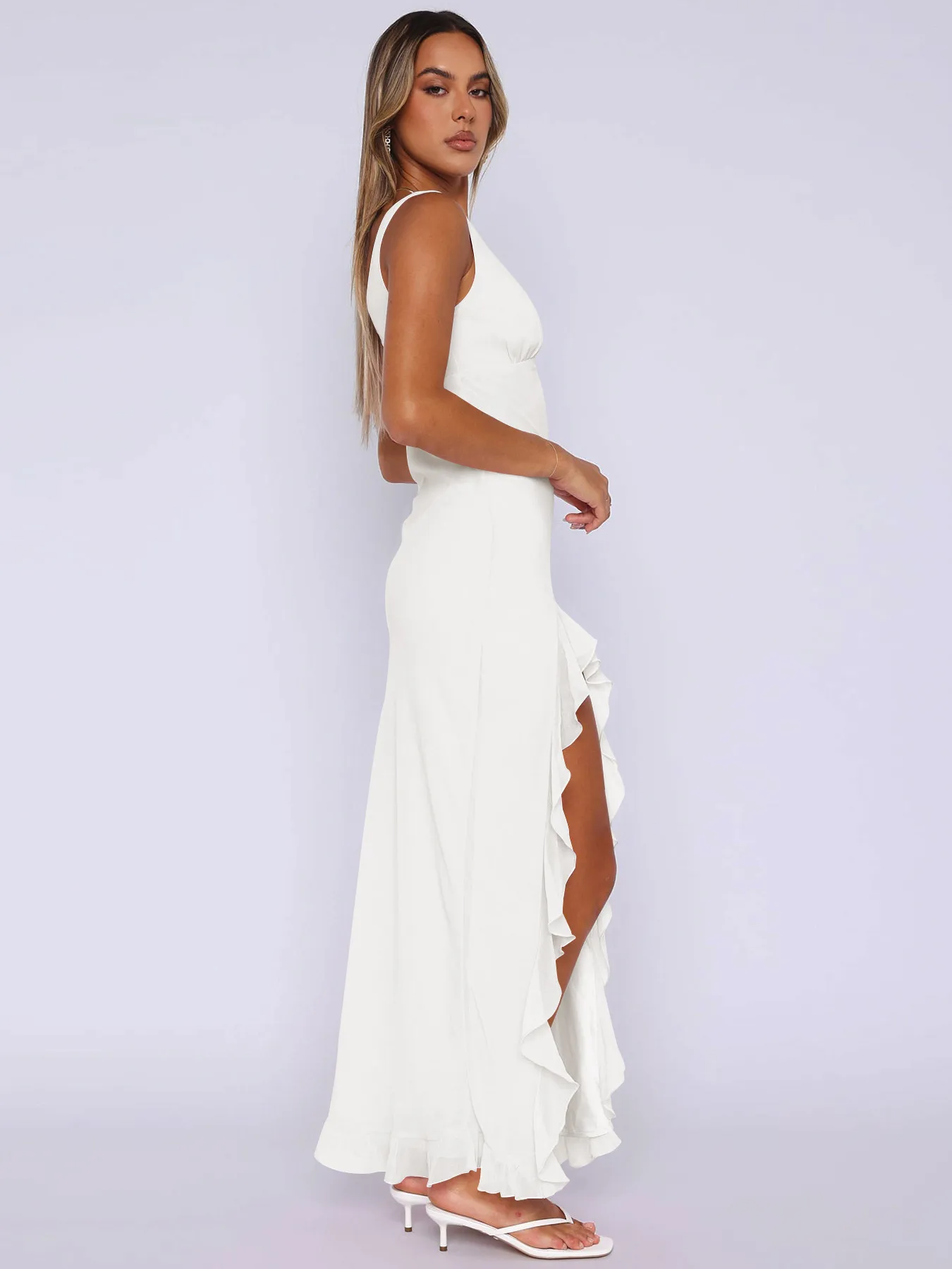 Y2K Explosions Ruffled Socialite Pure Desire Tulip Dress Women's Summer  Split Shoulder Strap French Long Dress display picture 9