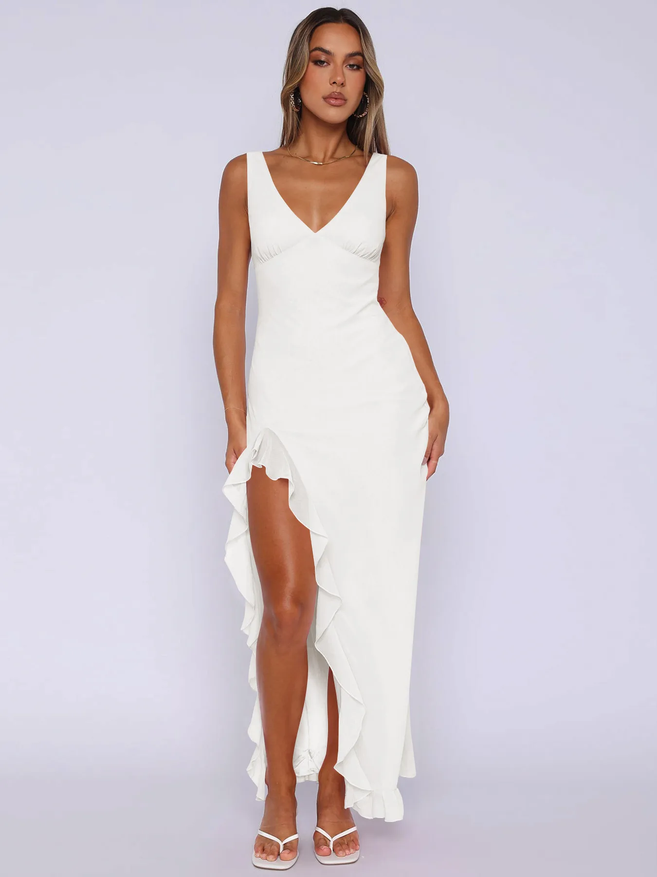Y2K Explosions Ruffled Socialite Pure Desire Tulip Dress Women's Summer  Split Shoulder Strap French Long Dress display picture 8