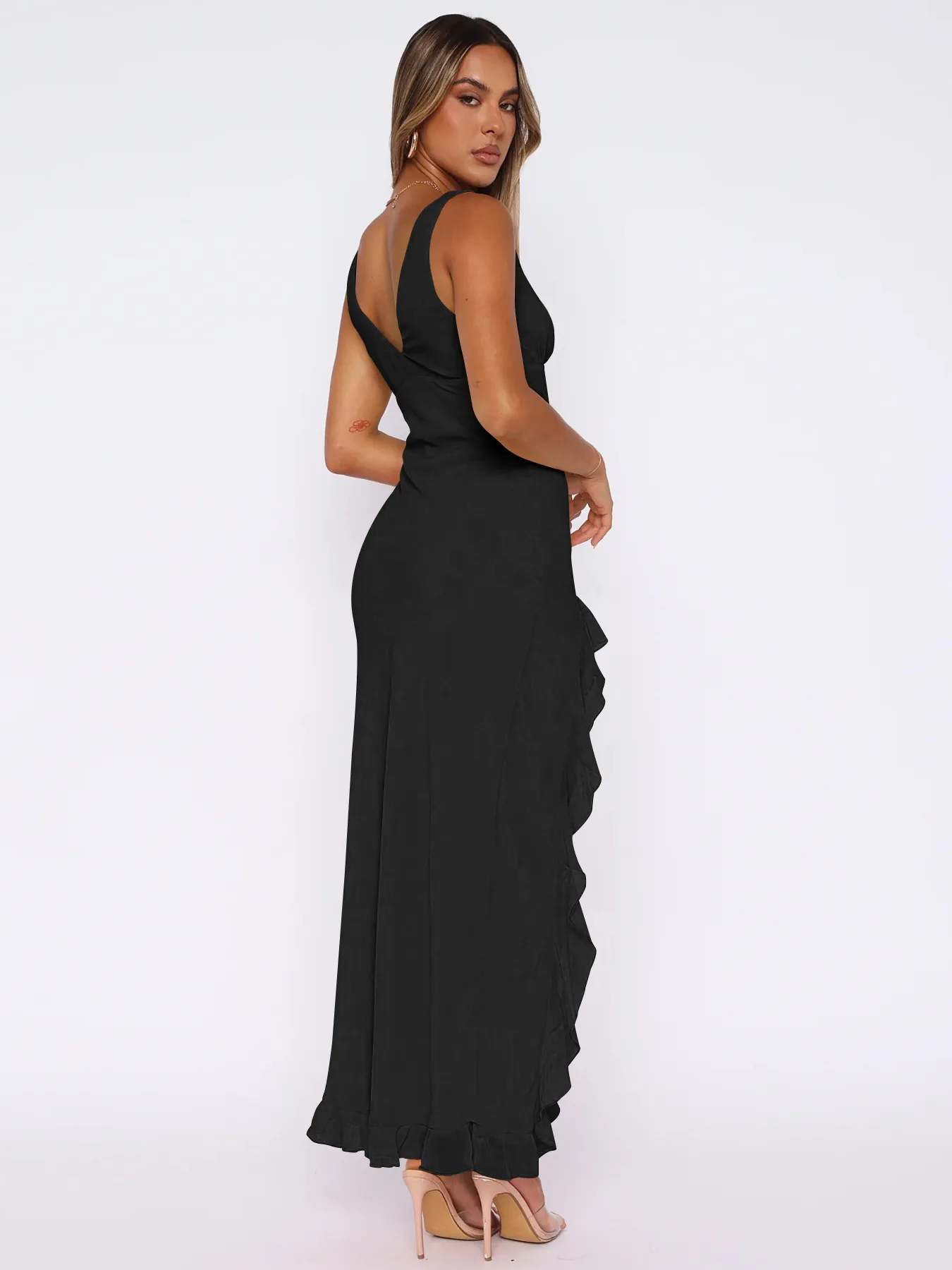 Y2K Explosions Ruffled Socialite Pure Desire Tulip Dress Women's Summer  Split Shoulder Strap French Long Dress display picture 5