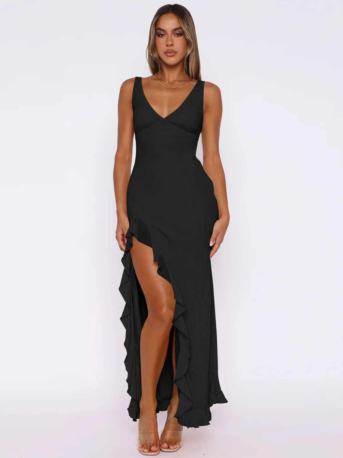 Y2K Explosions Ruffled Socialite Pure Desire Tulip Dress Women's Summer  Split Shoulder Strap French Long Dress display picture 3