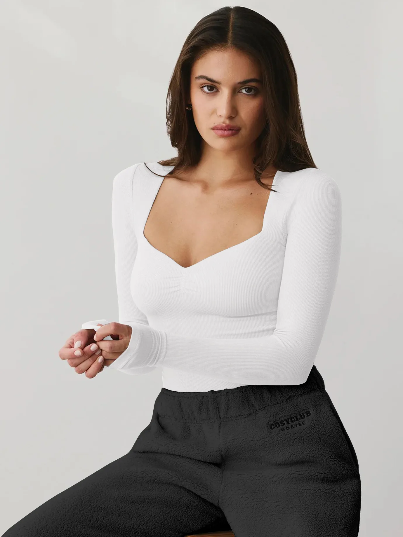 Spring And Summer New  Style Square Collar Long Sleeve Top Sexy Slim Fashion Solid Color Inside display picture 3