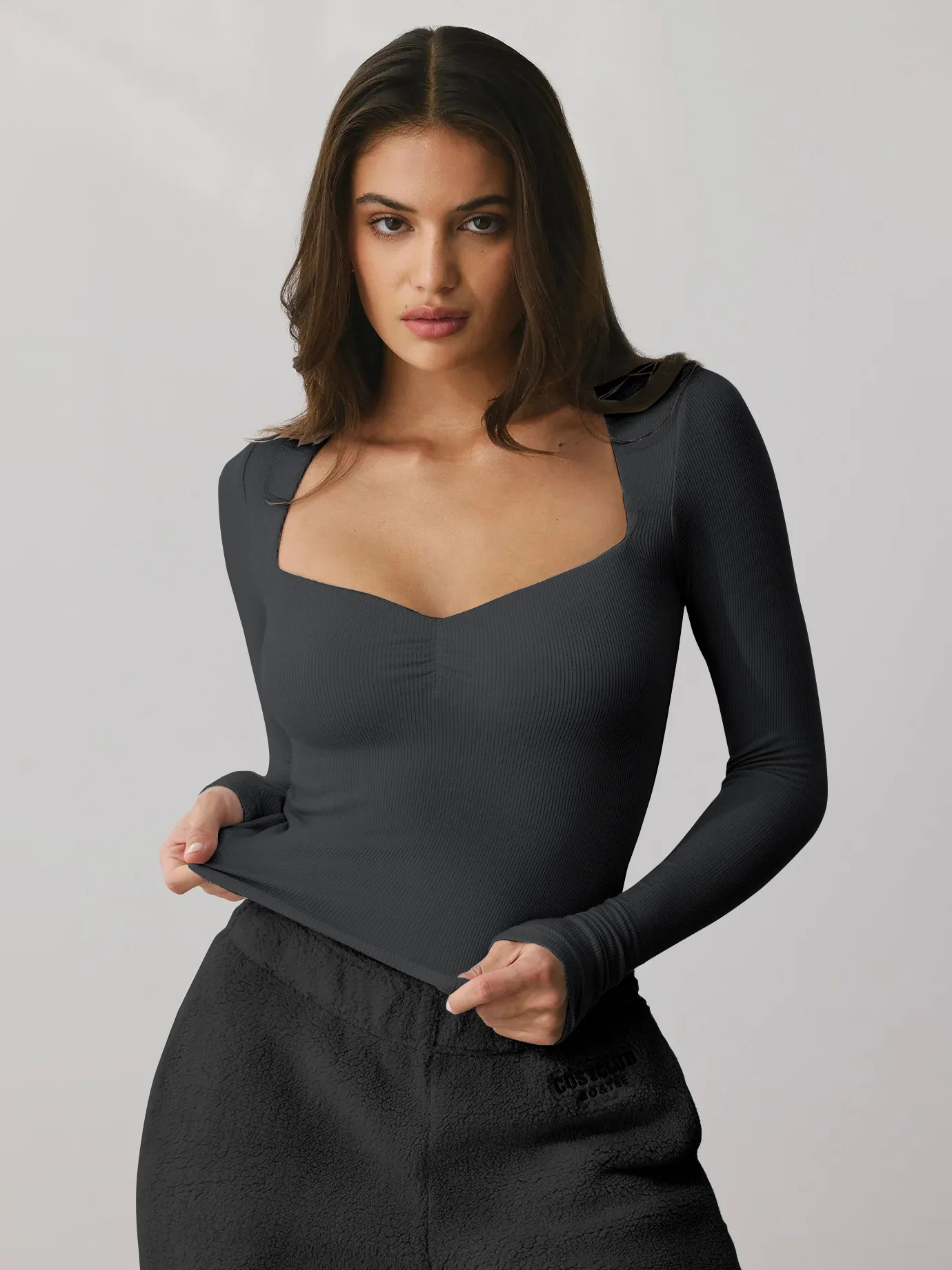 Spring And Summer New  Style Square Collar Long Sleeve Top Sexy Slim Fashion Solid Color Inside display picture 7