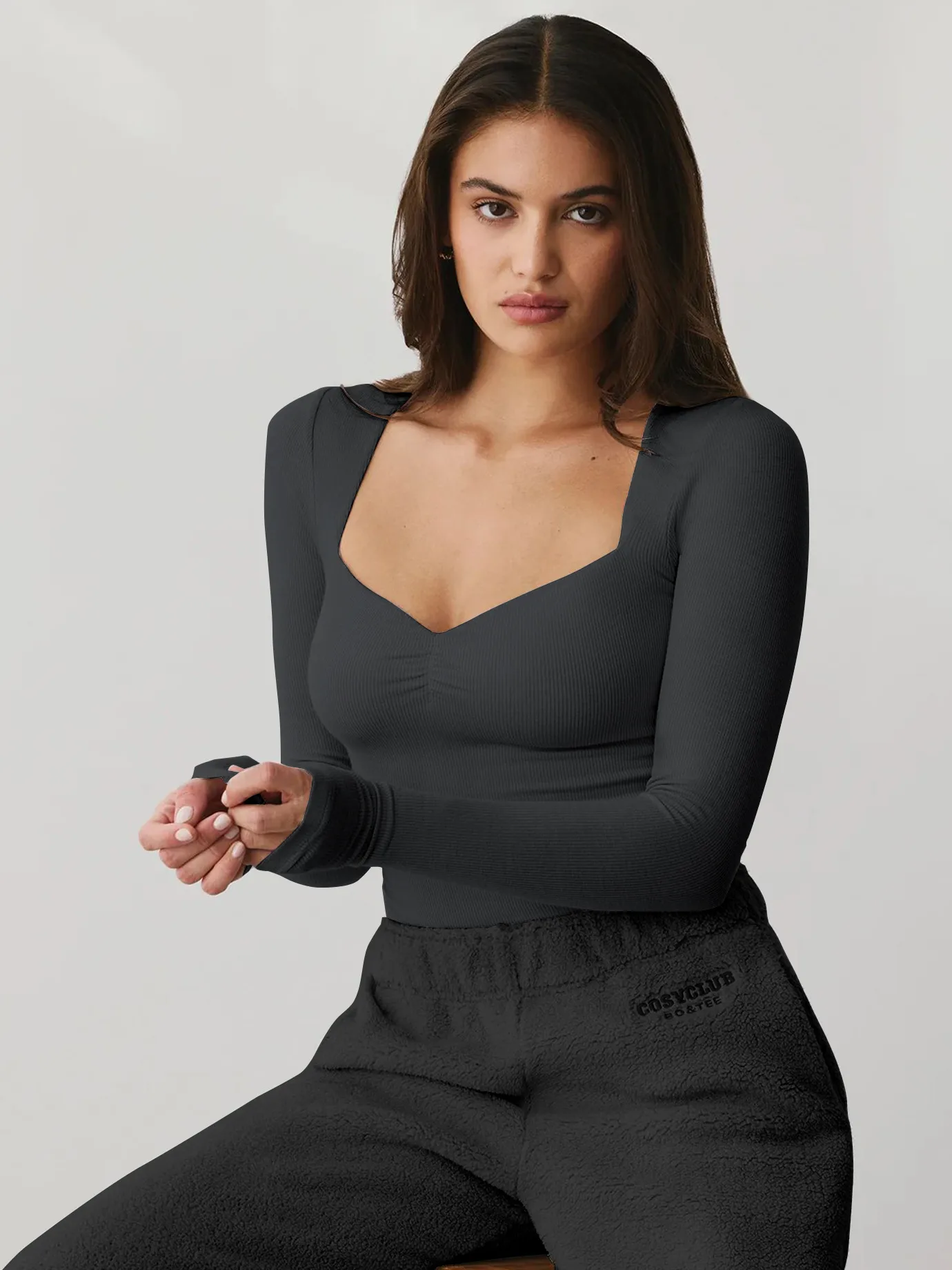Spring And Summer New  Style Square Collar Long Sleeve Top Sexy Slim Fashion Solid Color Inside display picture 9