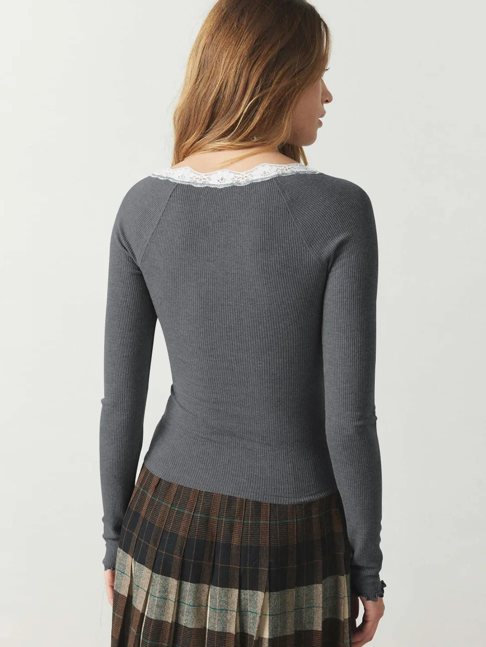 Explosions Fine Rib Lace U-collar Solid Color Button T-shirt Slim-fit All-match Fashion Top For Women display picture 9