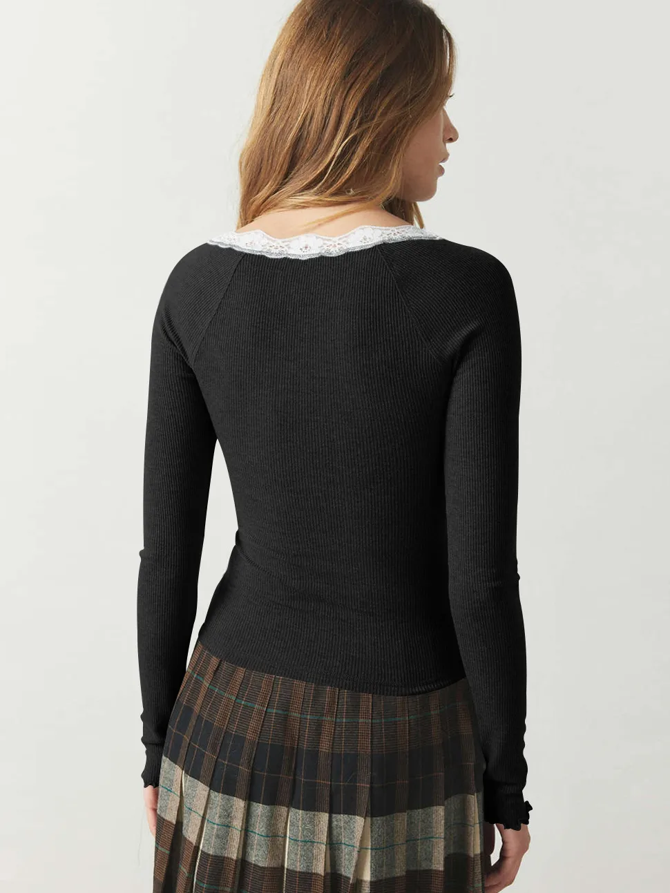 Explosions Fine Rib Lace U-collar Solid Color Button T-shirt Slim-fit All-match Fashion Top For Women display picture 15