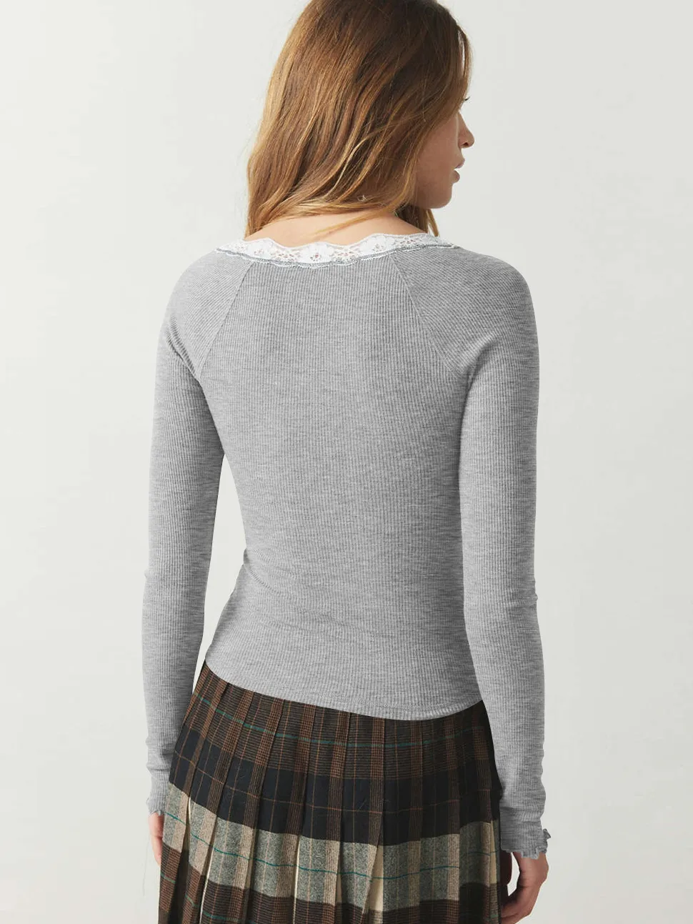 Explosions Fine Rib Lace U-collar Solid Color Button T-shirt Slim-fit All-match Fashion Top For Women display picture 18