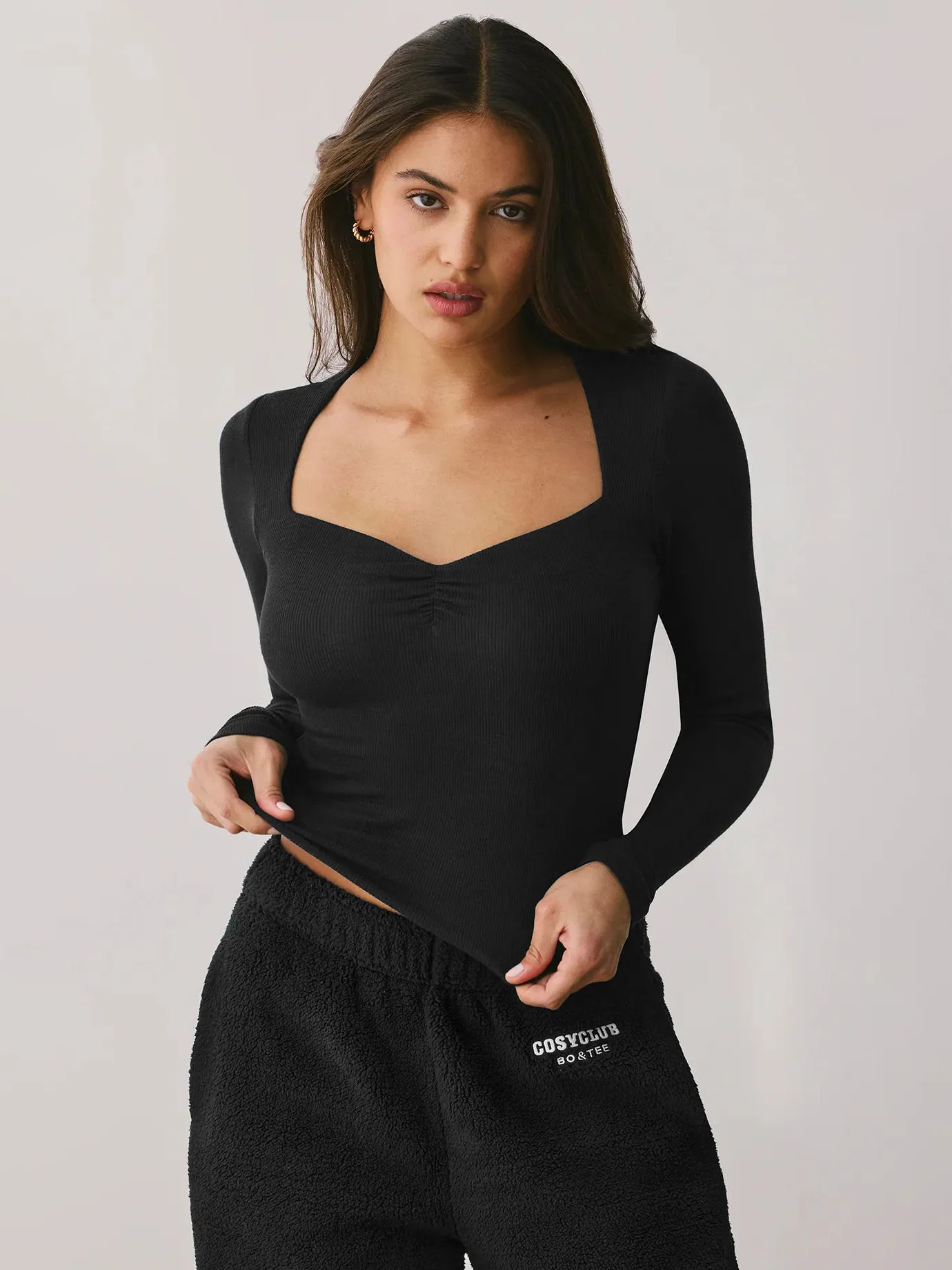 Spring And Summer New  Style Square Collar Long Sleeve Top Sexy Slim Fashion Solid Color Inside display picture 17