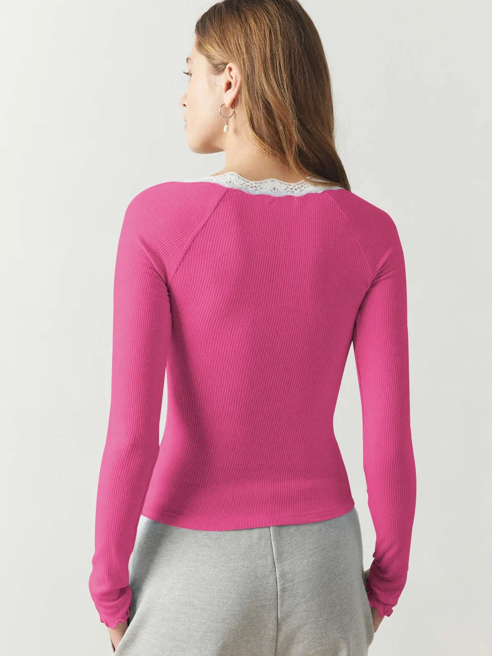 Explosions Fine Rib Lace U-collar Solid Color Button T-shirt Slim-fit All-match Fashion Top For Women display picture 24