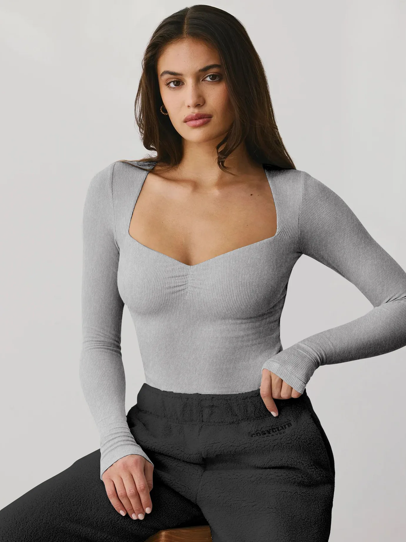 Spring And Summer New  Style Square Collar Long Sleeve Top Sexy Slim Fashion Solid Color Inside display picture 24