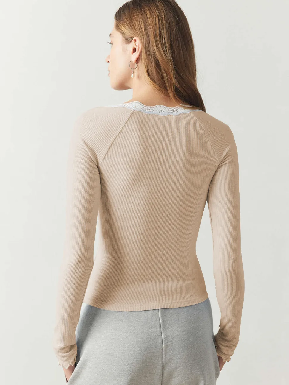 Explosions Fine Rib Lace U-collar Solid Color Button T-shirt Slim-fit All-match Fashion Top For Women display picture 30
