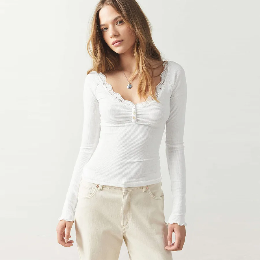 Explosions Fine Rib Lace U-collar Solid Color Button T-shirt Slim-fit All-match Fashion Top For Women display picture 2