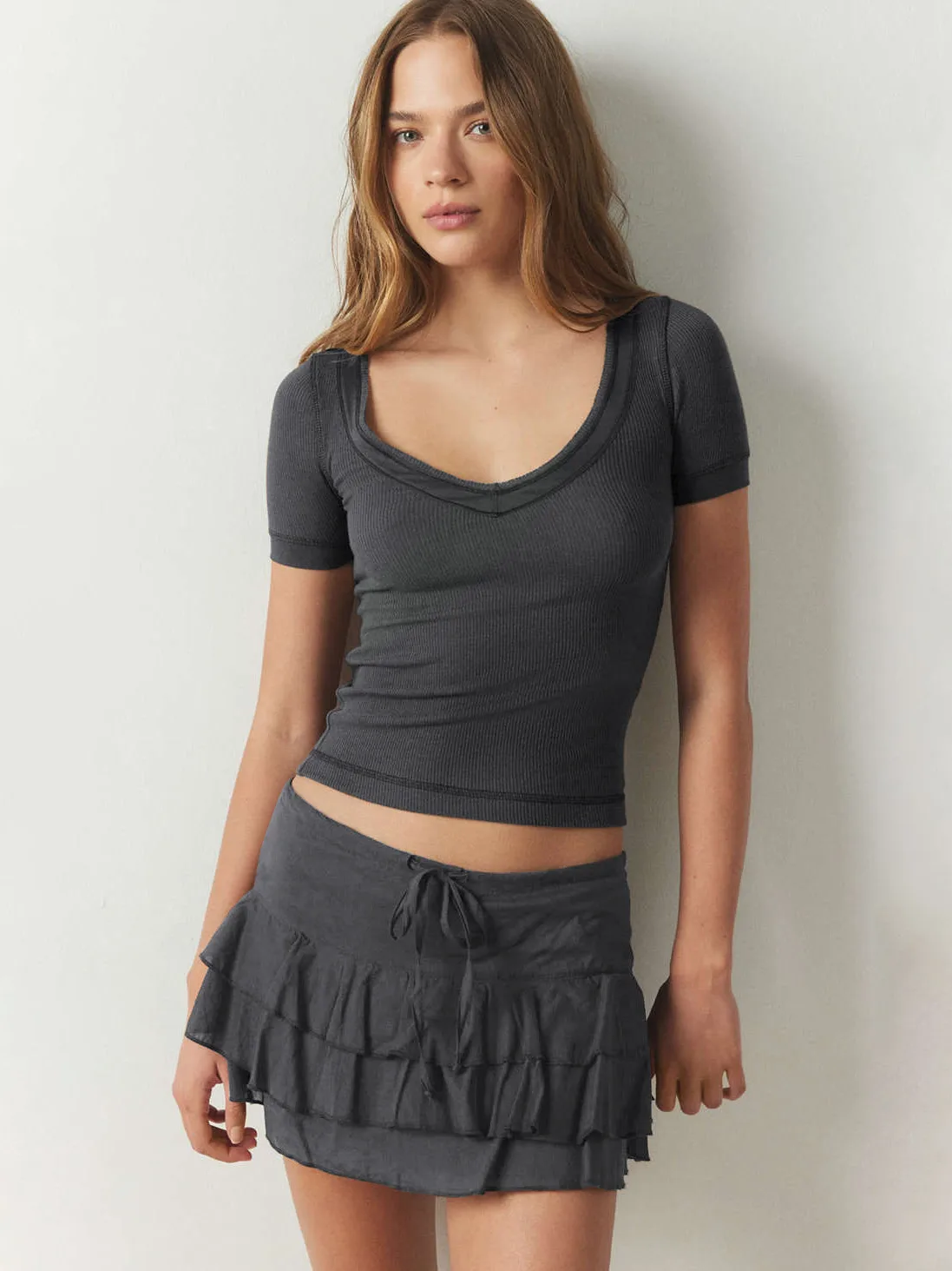 Line Decorative Thread Design Short-sleeved Shoulder T-shirt Summer   Pure Desire Women's Slim-fit Top display picture 15