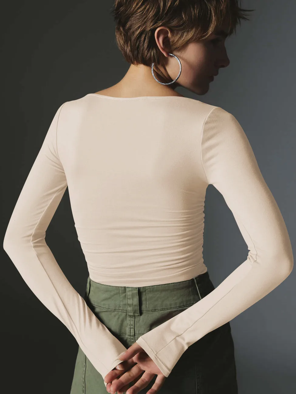 Spot Wholesale Hot Summer Women's Long Sleeve Square Collar Slim Top Fashion Solid Color All-match High-end Women's Clothing display picture 29