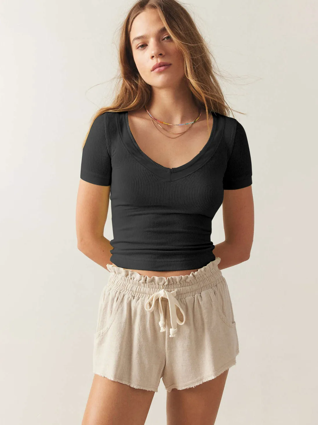 Line Decorative Thread Design Short-sleeved Shoulder T-shirt Summer   Pure Desire Women's Slim-fit Top display picture 3