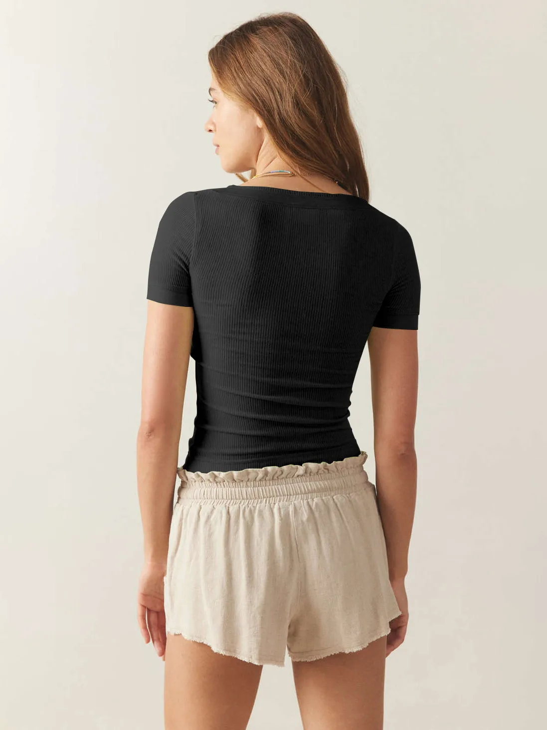 Line Decorative Thread Design Short-sleeved Shoulder T-shirt Summer   Pure Desire Women's Slim-fit Top display picture 5