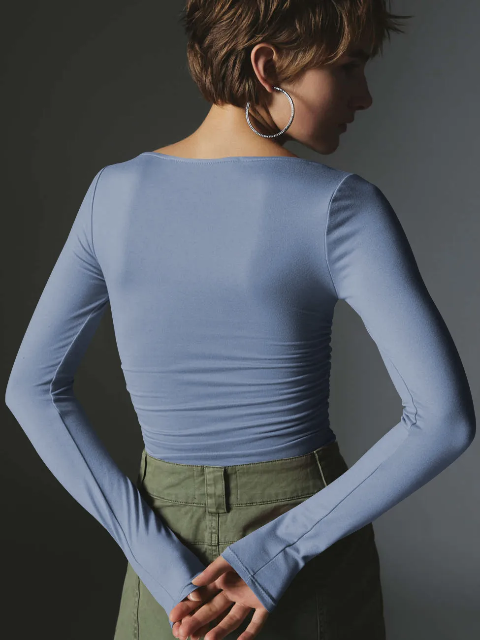 Spot Wholesale Hot Summer Women's Long Sleeve Square Collar Slim Top Fashion Solid Color All-match High-end Women's Clothing display picture 14