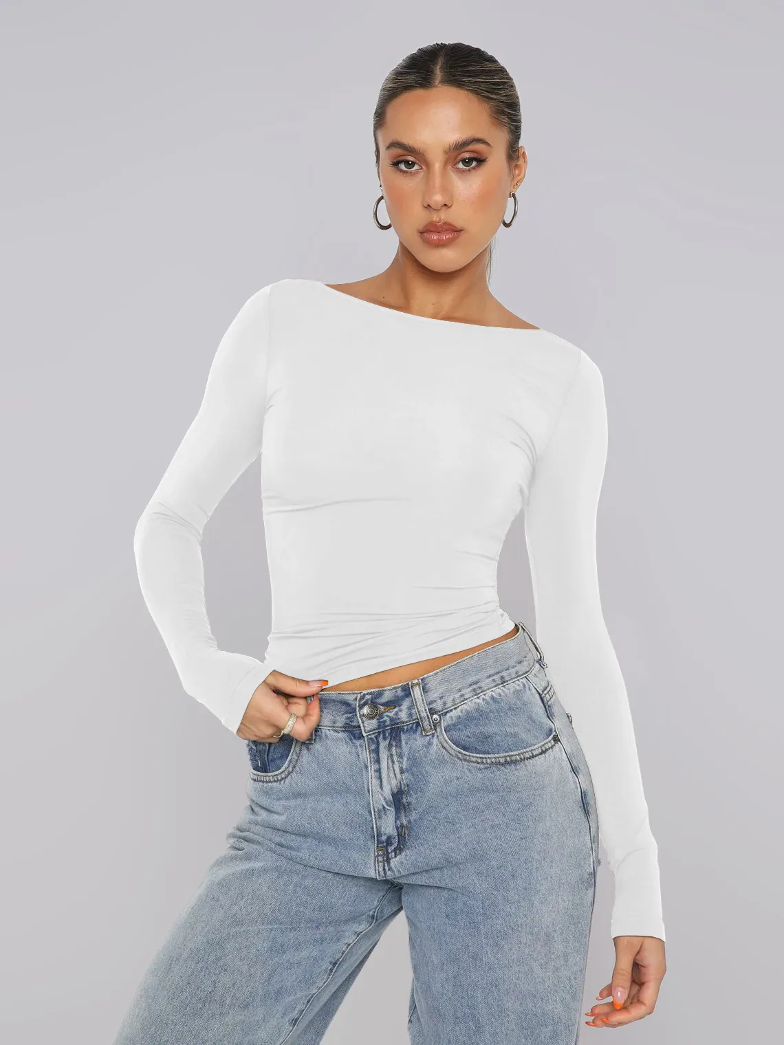 Personality Street One-character Collar Long-sleeved Naked Single-grind Slim-fit T-shirt Casual Style Slim-fit Y2K Hot Girl Top display picture 38
