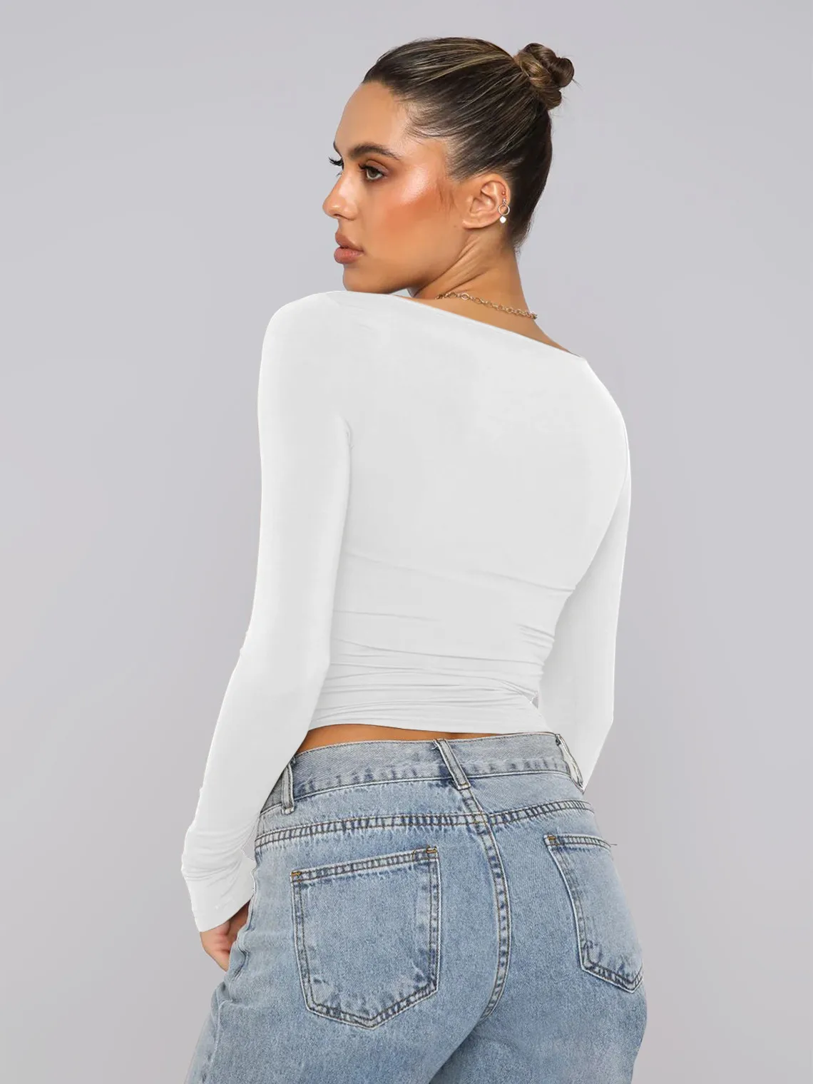 Personality Street One-character Collar Long-sleeved Naked Single-grind Slim-fit T-shirt Casual Style Slim-fit Y2K Hot Girl Top display picture 37