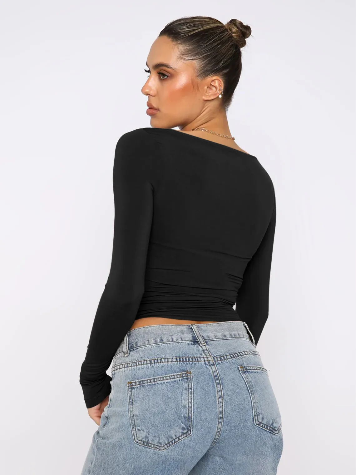 Personality Street One-character Collar Long-sleeved Naked Single-grind Slim-fit T-shirt Casual Style Slim-fit Y2K Hot Girl Top display picture 23
