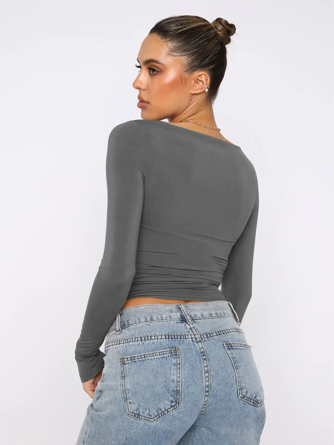 Personality Street One-character Collar Long-sleeved Naked Single-grind Slim-fit T-shirt Casual Style Slim-fit Y2K Hot Girl Top display picture 31