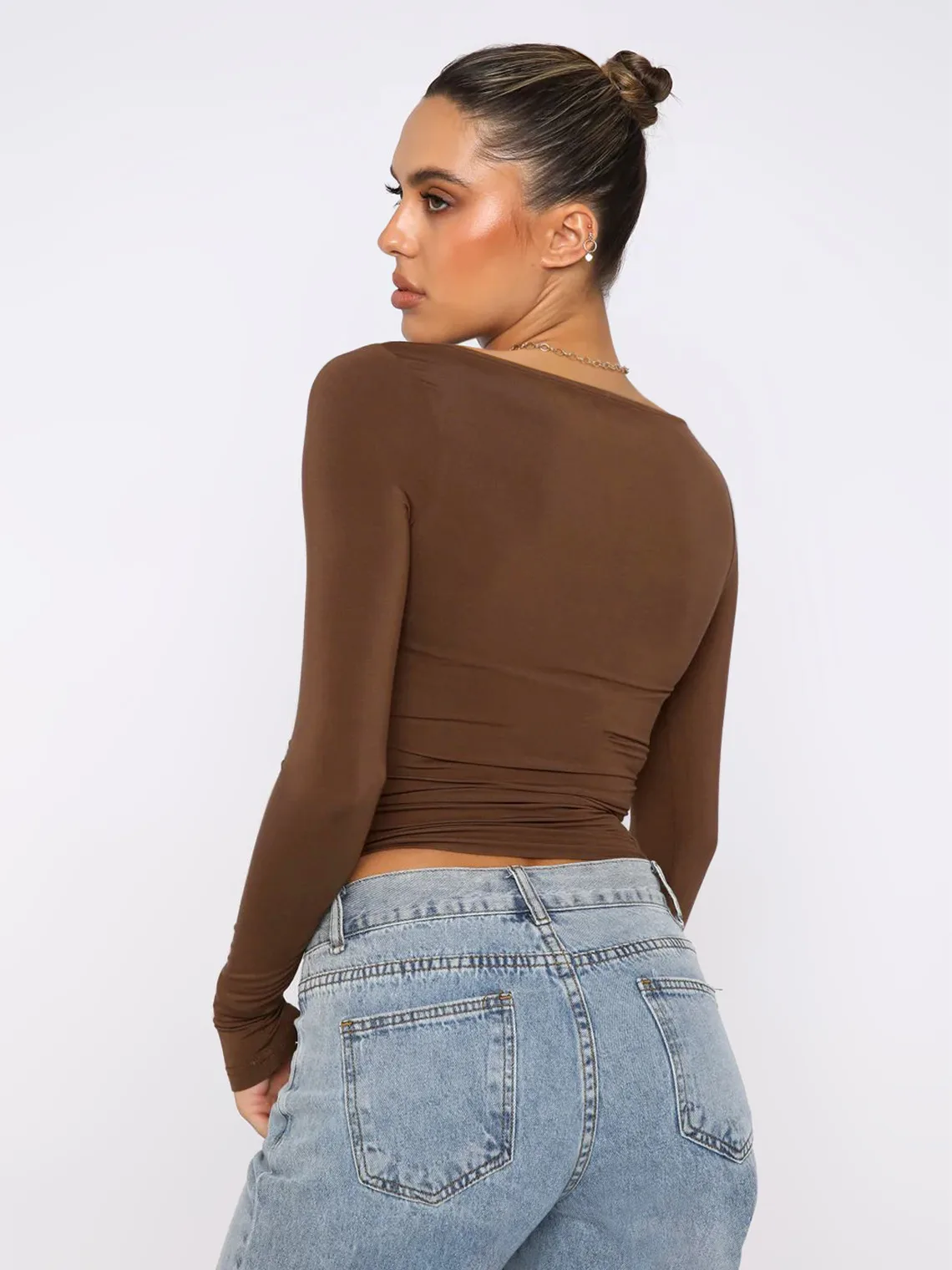 Personality Street One-character Collar Long-sleeved Naked Single-grind Slim-fit T-shirt Casual Style Slim-fit Y2K Hot Girl Top display picture 9