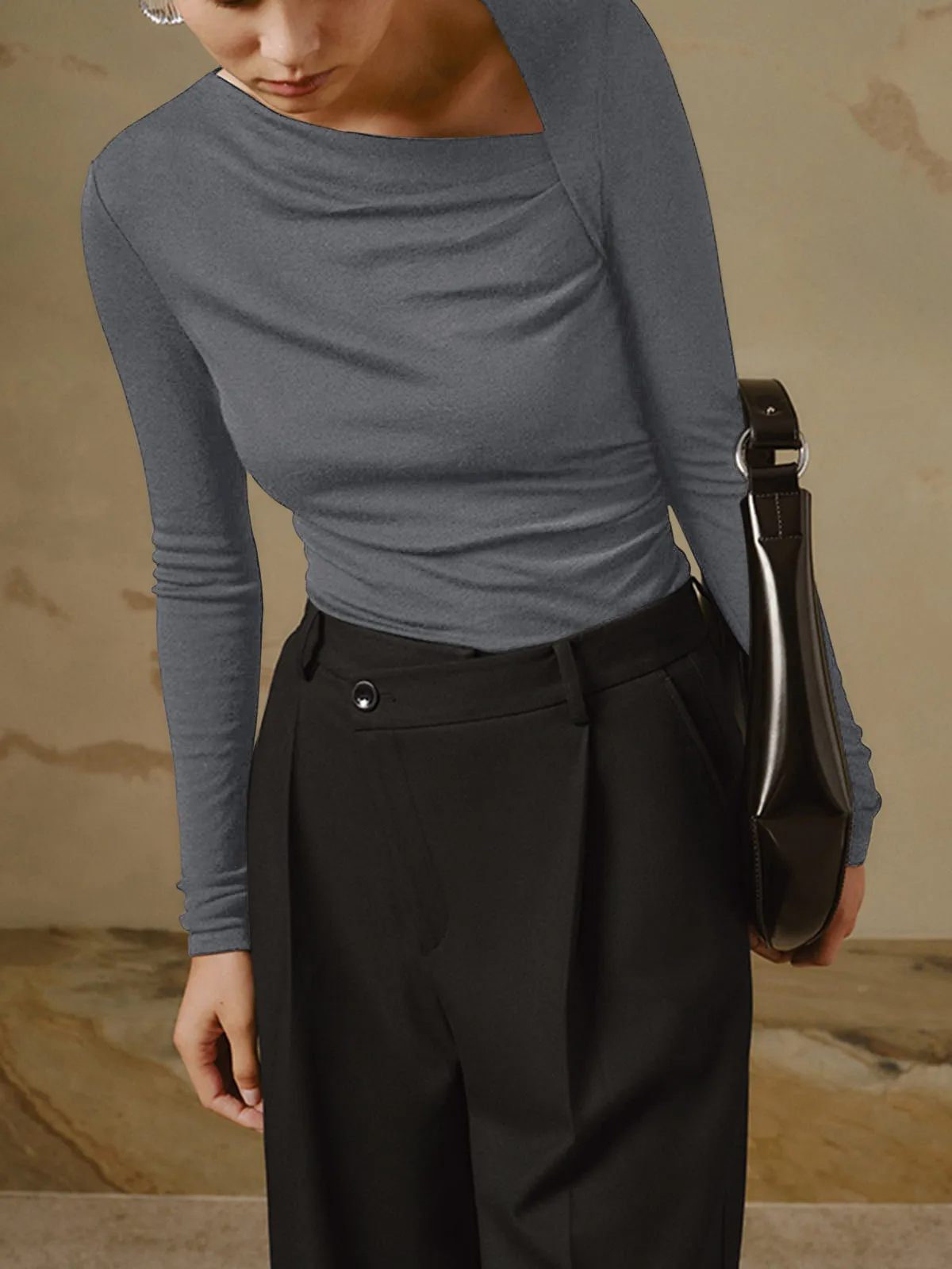 New -style Hot Sale Women's Pullover Slim-fit Oblique Collar Long-sleeved Sexy Top Elegant High-end All-match display picture 14
